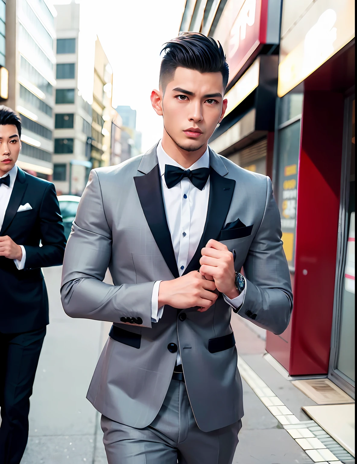 1boy, Japanese male, (male:1.5), grey eyes, slanty eyes, (very short hair:1.3), under_cut, Pompadour, ((formal)), ((suit)), (((handsome, sharp, savage facial features,))), (stout muscular body), (stout physique),
SFW, outdoors, detailed background, Modern metropolis,