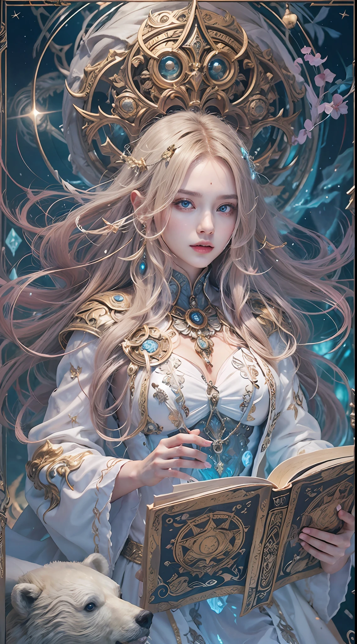 A crystal castle sealed in a magic book,Blood,Night, Dark, (fantasy),unlimited,Deep blue sky,The abyss of knowledge,cowl,((masutepiece)), (((Best quality))),((Beautiful fine eyes)),(eyeslashes)、(((Beautiful girl riding a huge white bear)))、(1 rapariga)、The perfect human structure、Blowing in the wind、long whitr hair、abyss eyes、glowy skin、oiled、small tits、Wizard robes、Tattered fabric、Realistic coat、Think、Super delicate CG Unity 32k wallpaper、tmasterpiece, ((ultra - detailed)), ((illustratio)),Extremely colorful,the wallpaper,energy,Unknown terror,mind bending,Around the magic,Magical environment,wands,Boken,Flight page,Know it all,Predicting the future、Learn about the past、Infinite wisdom、Blue Flame、Warlock、Magic Circles、pentacle、Spells、mantra、Singing magic