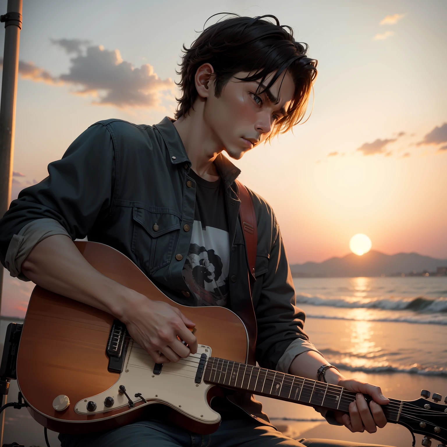 A man alone,A guitar is held tightly in your hand,Run in the afterglow of the setting sun,Playing his feverish music like crazy,He looks so crazy、Helplessness and loneliness。