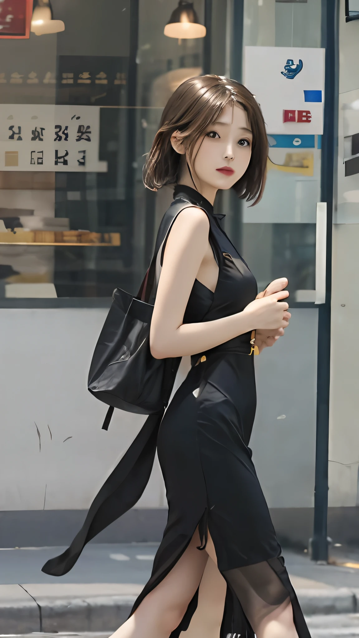 Black cheongsam，On the side of the street，blacksilk