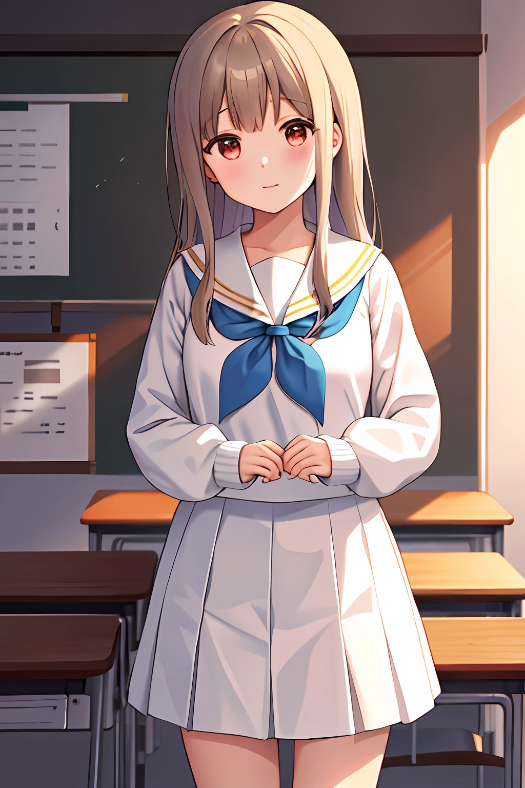 ​masterpiece、top-quality、Hi-Res、YM1、White sailor color、Brown skirt、Brown shirt、white sock、serafuku、pleatedskirt、student clothes、Blue neckerchief、long-sleeve、cowboy  shot、‎Classroom、mano {refer} Cute {refer} mano,kne、sockes、