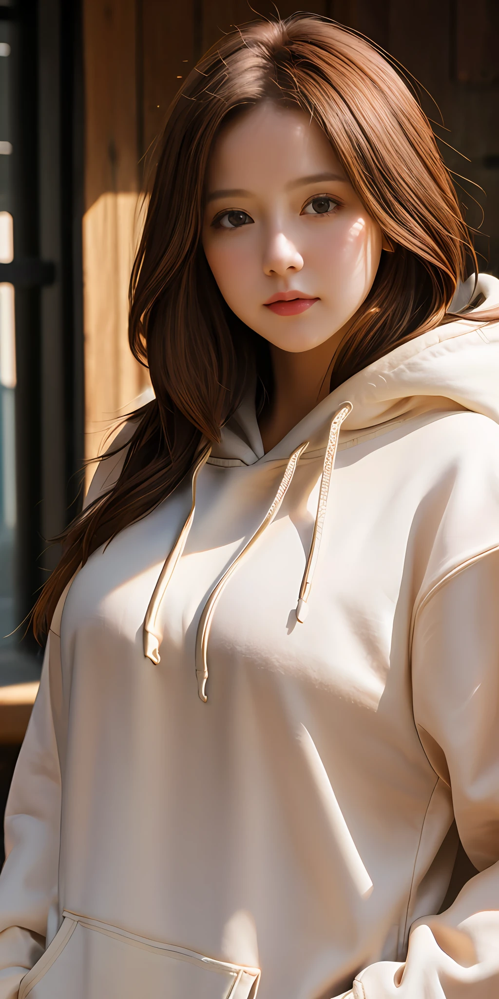1girl, masterpiece, top quality, 8k hdr, RAW, looking at viewer, intricate details, sharp focus, natural lighting, realistic, professional, delicate, amazing, finely detailed, beautiful detailed, colourful, medium hair, brown hair, upper body, hoodie, medium breasts