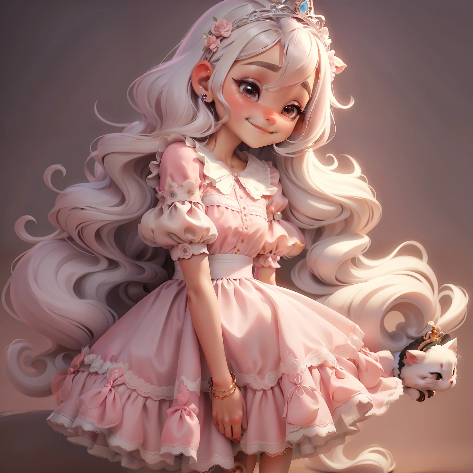1menina, fofa, pequena, barnet, cabelo curto, rosa. Branca, com uma tiara de gatinho, bolsa pequena, de vestido, sapato fechado branco, 1bracelet on left arm, bem detalhado, sorrindo, bem feito