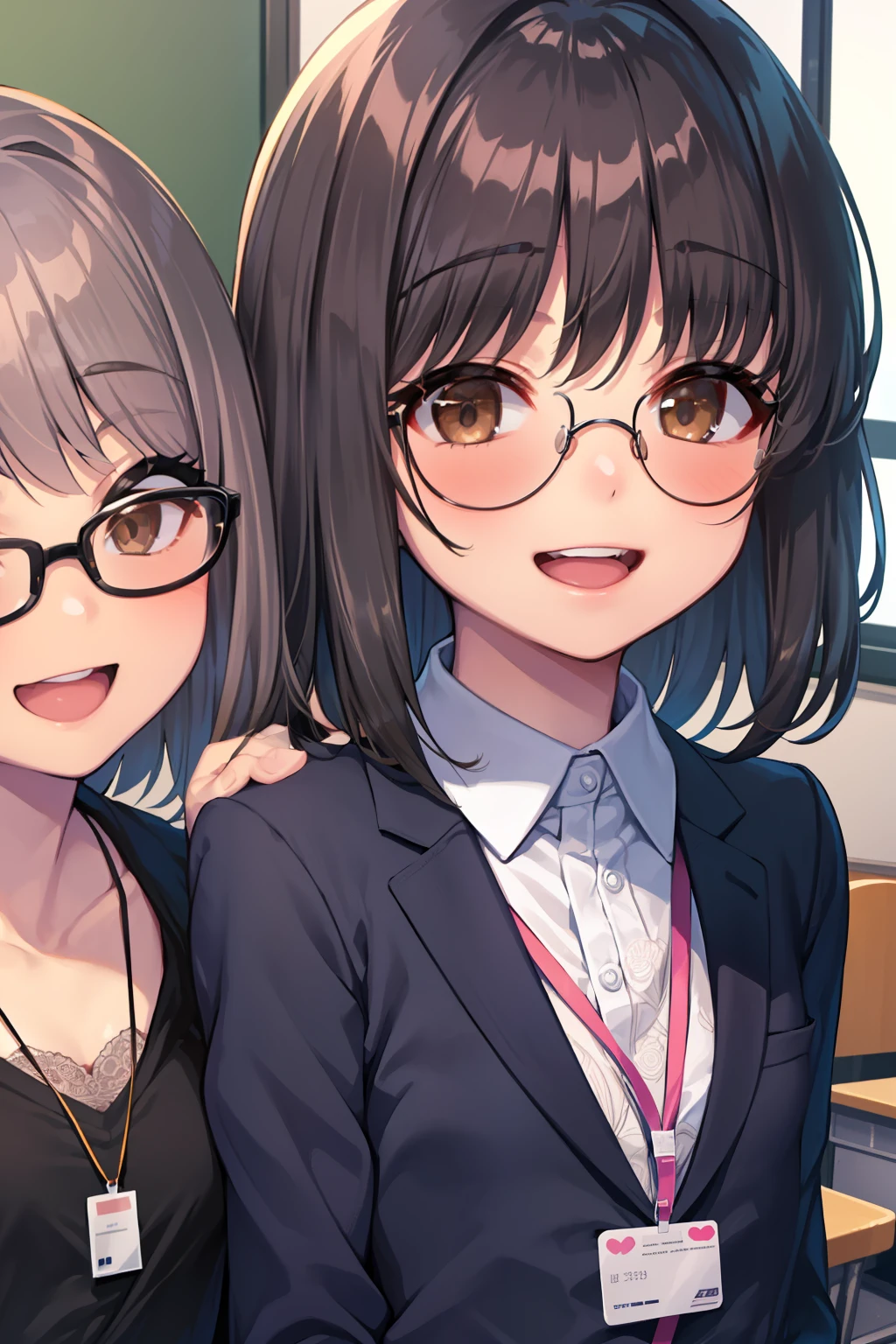 (girl with、Gamine、A dark-haired、short-hair、straight haired、hair adornments、Light brown eyes、A smile、wearing black glasses、small tits、cute  face)、​masterpiece、top-quality、‎Classroom、White lace shirt、blazers、The ID card is hanging from the neck