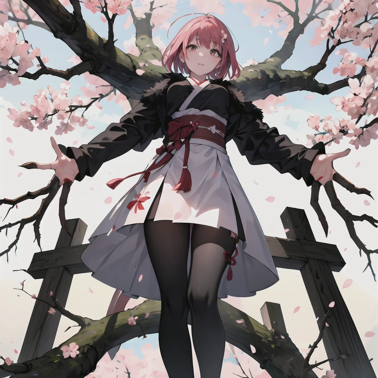 from below,sakura tree,1girl,tree branch on head,wooden hands,branch,fractral