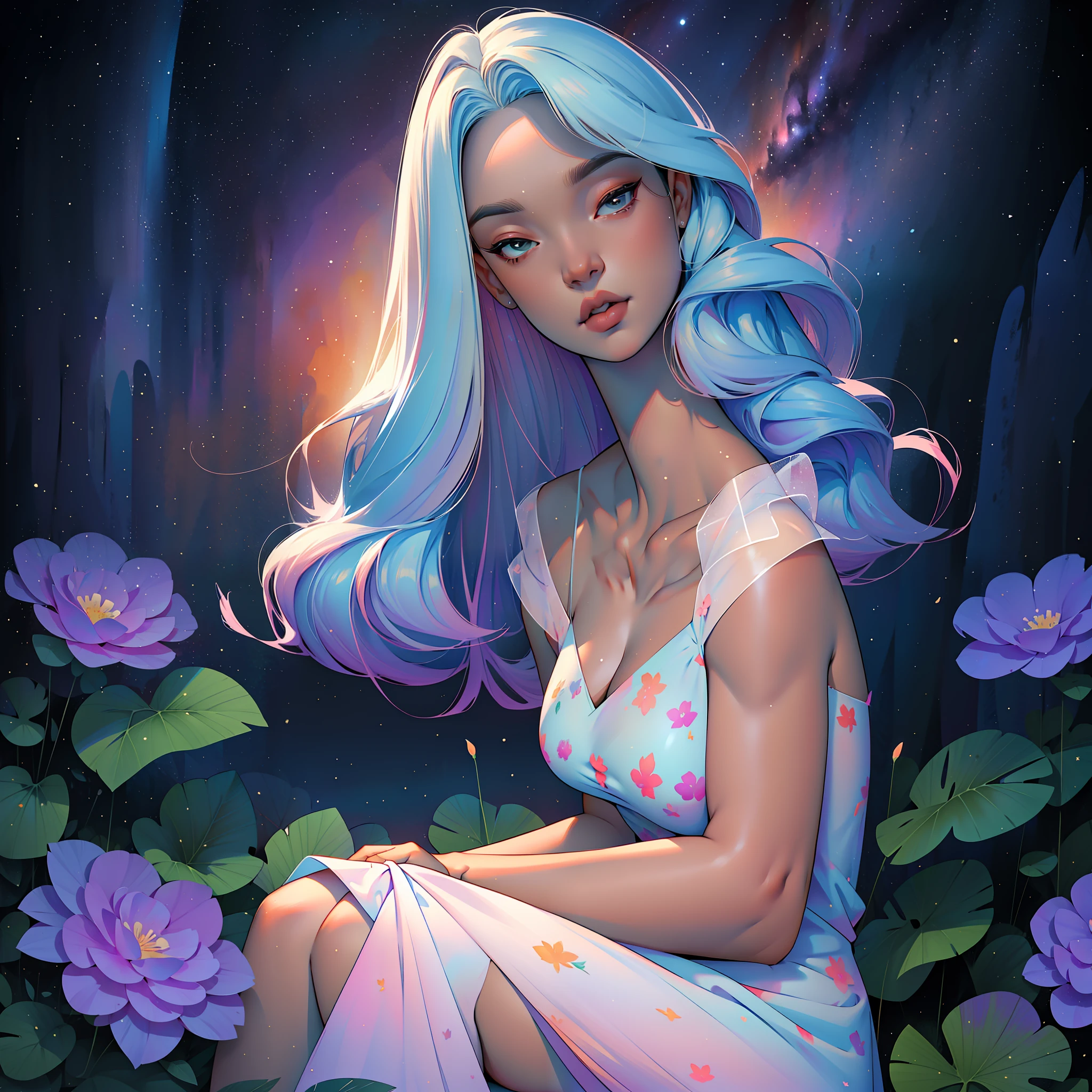 a goddess, A glorious sunrise, aura, glow, multi-colored bright aurora borealis, Spectrum Rainbow,Colored Angel Wings, feathers, In a chic, lavender white mint hair, pastel, mixed-language_SMS, (beautiful and clear background:1.2),, fantastic paintings , olhos altamente detalhados, crystals, outer space, galaxy, Gorgeous hair, Background Flora Peony, poppy, hydrangea, Plants. Loving. Love. ultra detailed hair, Best Quality, hig quality, highly resolution, detail enhancement, ((most beautiful image in the world)), Masterpiece, Best Quality, High Quality Detail Enhancement, ((most beautiful image ), Shiny hair, ultra chic polka dot dress, Print, Stampa Flores, art by stjepan sejic, art by j scott campbell, art by guillem march, art by citemer liu, 4k, highly resolution, comic book character, comic, high quality detailed, style of ::2.0 comix illustration style,tatoon style, hig quality, highly resolution, detail enhancement, 8K, HD, Best Quality, hig quality, highly resolution, detail enhancement, 8K, HDR, Sharp focus, Ultra Detailed, perfect illumination, Curvy Body, Lush breasts, Curvy hips, Sits, sparks, Stars, The Cycle of the Stars