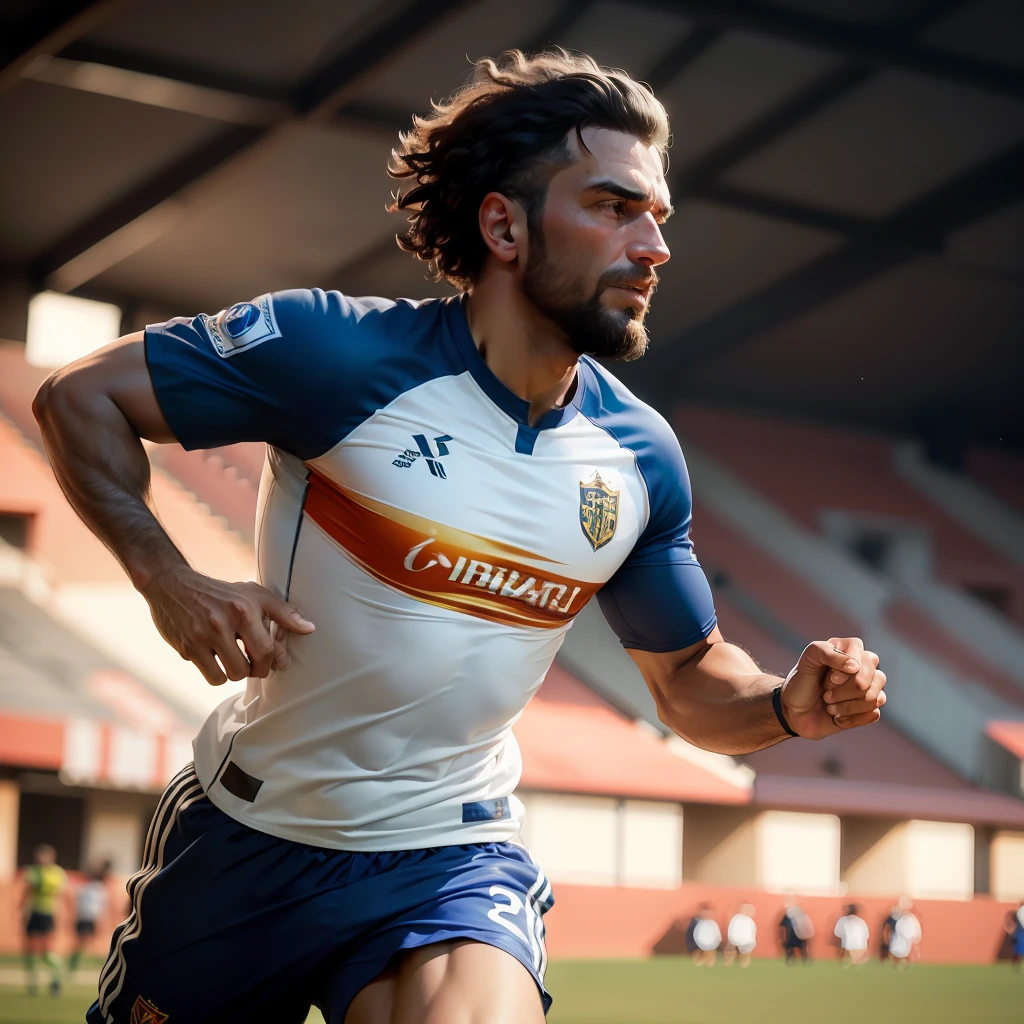 (Melhor qualidade, 8k, 32k, obra-prima, UHD: 1.2), homem judeu, anos 70, camisa branca, cabelo curto , fundo campo de soccer, olhando ao redor, correndo