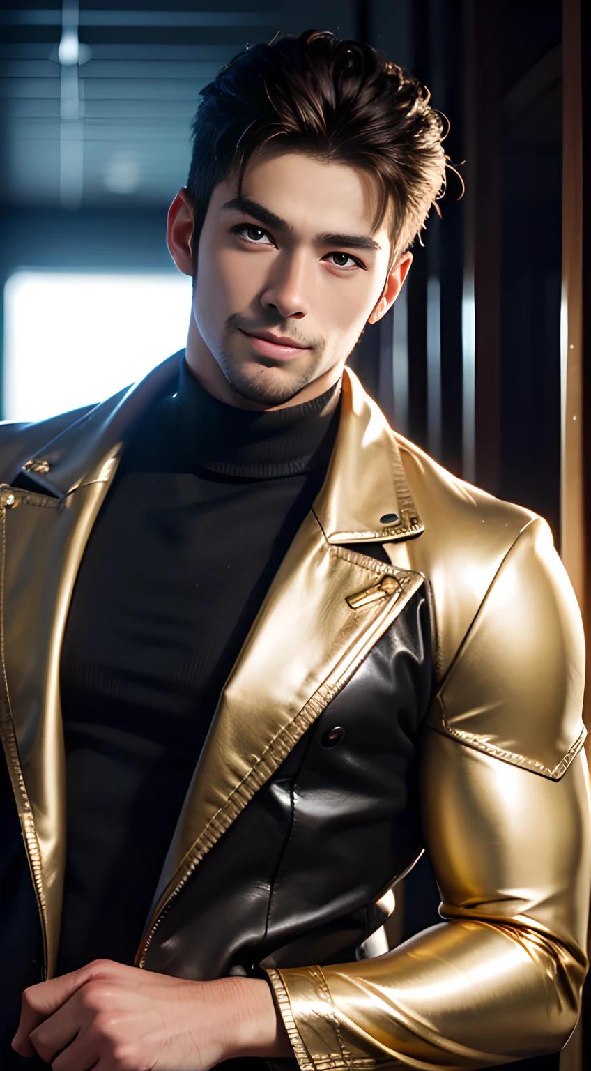 ((Men only)), (head shot), (Frontal Face), (Handsome muscular man in gold), gold in the background, Mischievous smile, (detaile: 1 in 1), Natural muscles, HIG quality, beautidful eyes, (Detailed face and eyes), (Face、: 1 / 2), Noise, Real Photographics、... .....................................................................................................PSD, Sharp Focus, High resolution 8K, realisitic & Professional Photography, 8K UHD, Soft lighting, High quality, Film grain, FujifilmXT3