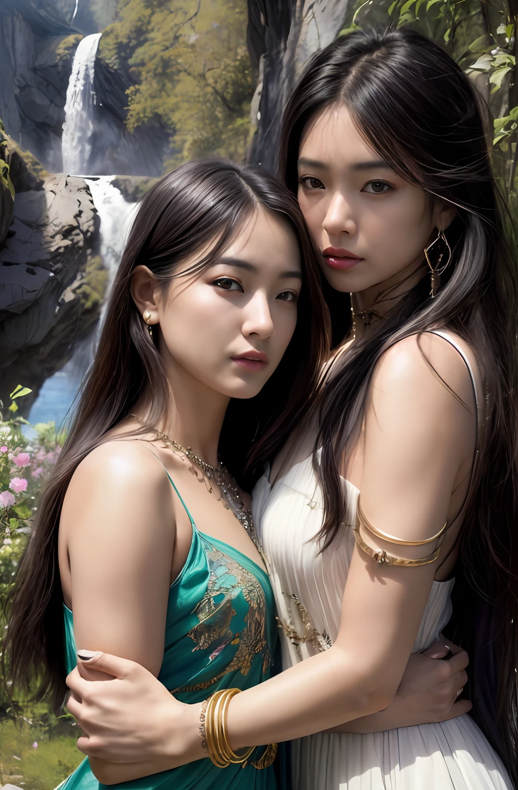 ((Realistic:1.5)),Ulzzang-6500:1.4,((Best quality)), ((Masterpiece)),((Detailed)),2girls,duo,{2 beautiful women}, (Upper body:1.3),Hug and touch each other, Tease your friend's waist, Breathless friends, Biting a friend's earlobe, crouched,super wide shot,Face focus, Long legs,Curvy, Barefoot,Wide hips, Thin legs, Oversized eyes,Long eyelashes, (Detailed face,beautidful eyes, detailedpupils,detailed clothes features, Clear background:1.3), (armlets, bangle:1.3), Mysterious ancient ruins, floresta exuberante, Deep canyon,bridge,River,cliff,Cloud,lakes,Rock music,Waterfalls, Flowers, Grass,grape trees,tree,bright detail,Sharp,Perfect compounding, Intricate, Sharp focus, Dramatic,