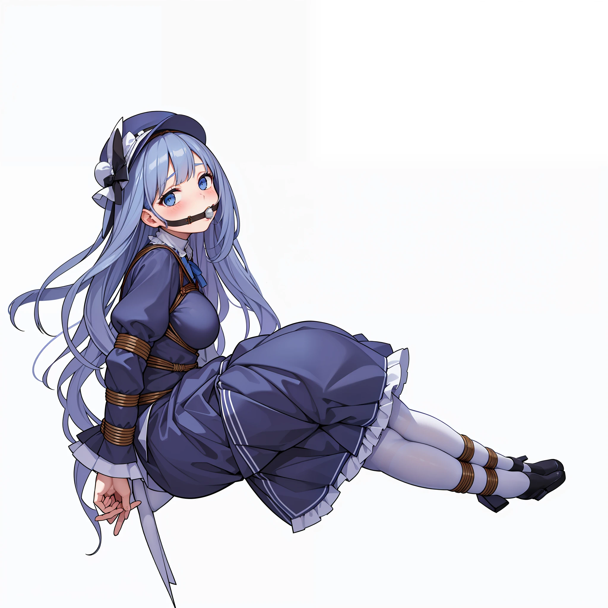 Masterpiece, Best quality, Girl,(((ojousama))), ((Blush)),Hat,Black hair, Blue eyes,Blue dress,((Lolita_Fashion)),((White pantyhose)),((Arms_Behind_back)),((Legs together)), (((Bondage))), (((shibari))),(((gag))),