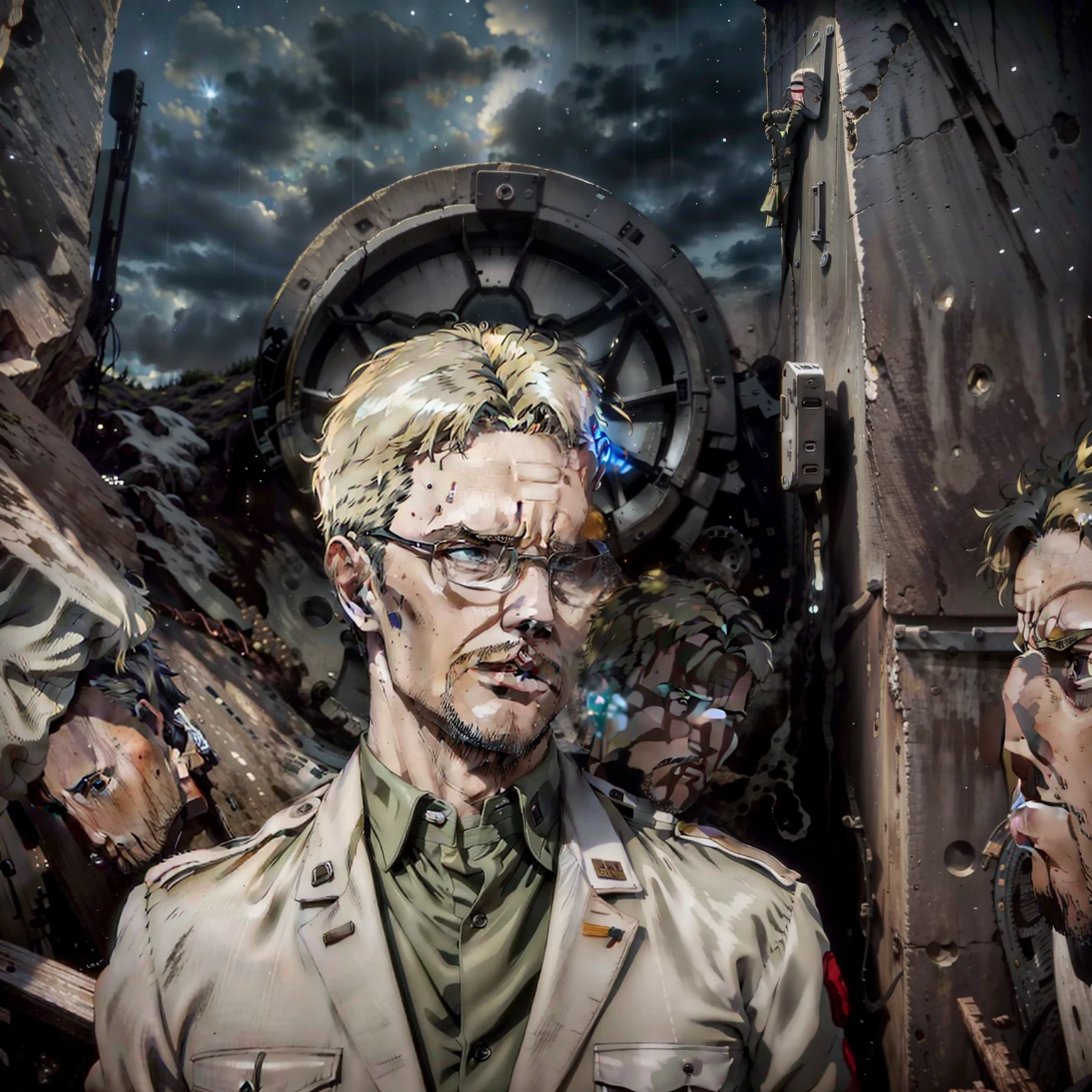Rainer Braun in full growth, in army uniform, stands at the edge of the universe, depression, despair