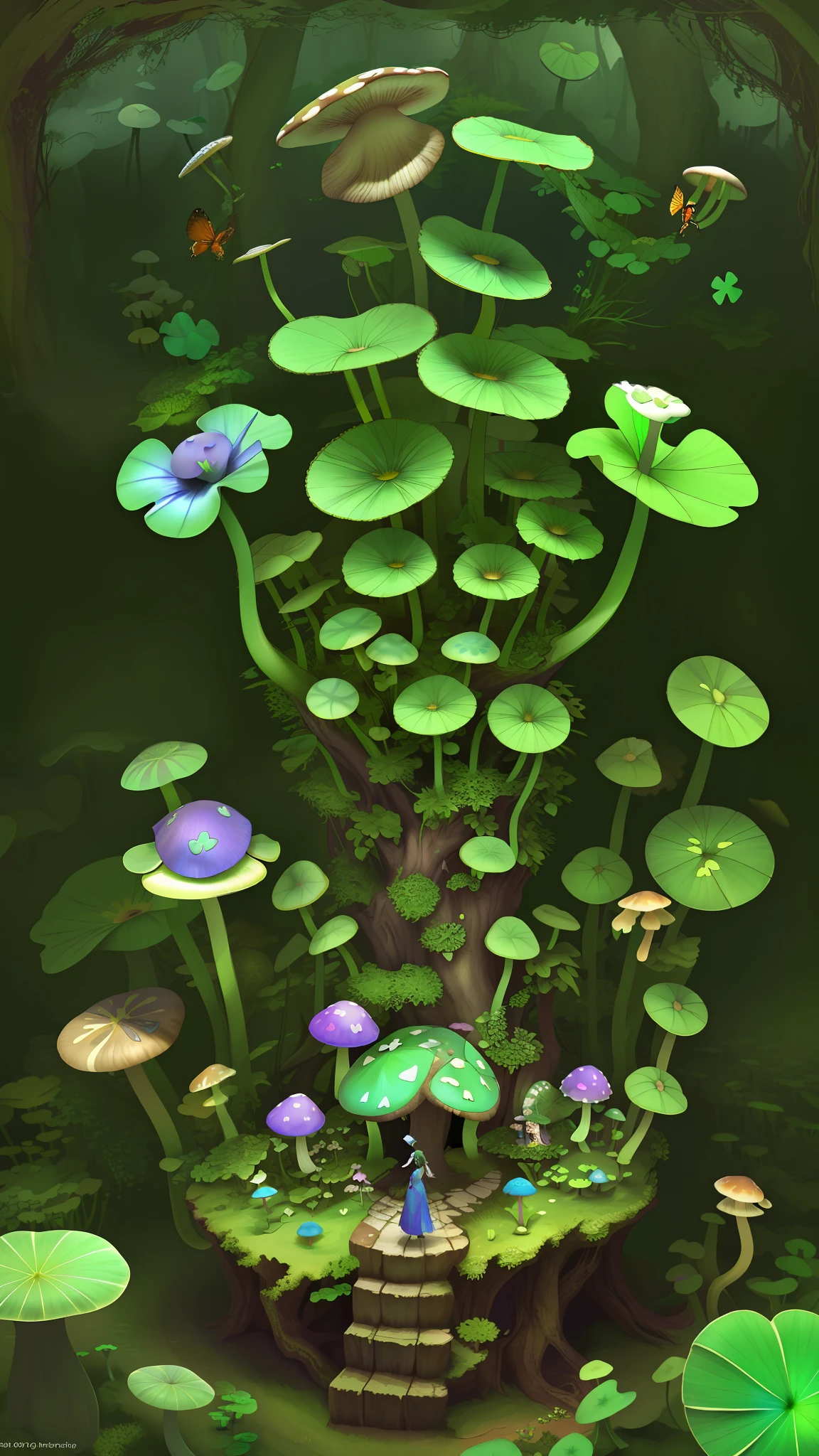 "Mushroom forest，butterflys，lotuses，four-leaf clover，morning glory，Cyber Mushroom Forest，Ultra-detailed digital fantasy art。Mushrooms are everywhere in the picture，The unique mushroom shape creates a magical casa scene。"