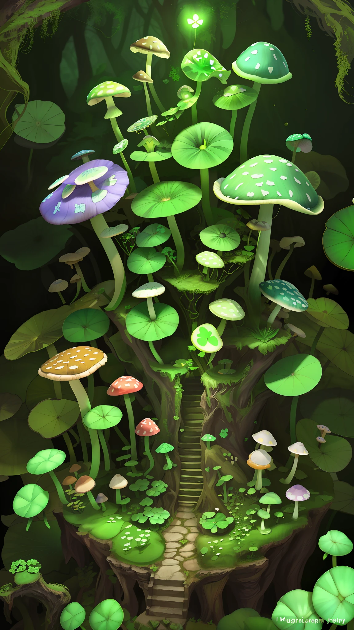 "Mushroom forest,butterflys,lotuses,four-leaf clover,morning glory,Cyber Mushroom Forest,Ultra-detailed digital fantasy art。Mushrooms are everywhere in the picture,The unique mushroom shape creates a magical casa scene。"