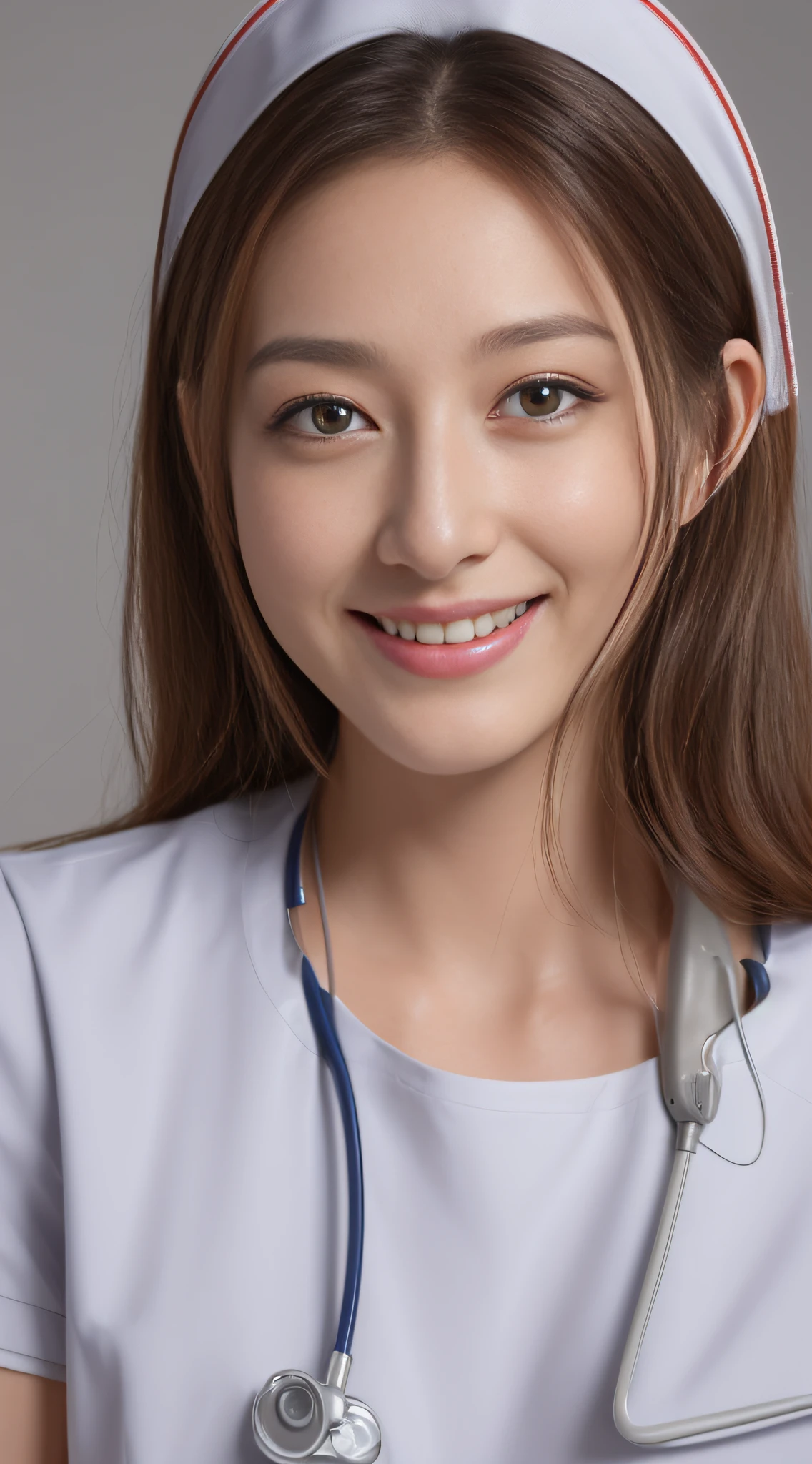 ((top-quality、8K、masterpiece:1.3))、sharp:1.2、Perfect Body Beauty:1.4、Slim abs:1.2、Big、Beautiful face、A smile、((nurse:1.3))、(hospitals:1.2)、Straight hair、Highly detailed facial and skin texture、A detailed eye、Aspect of looking at the camera、