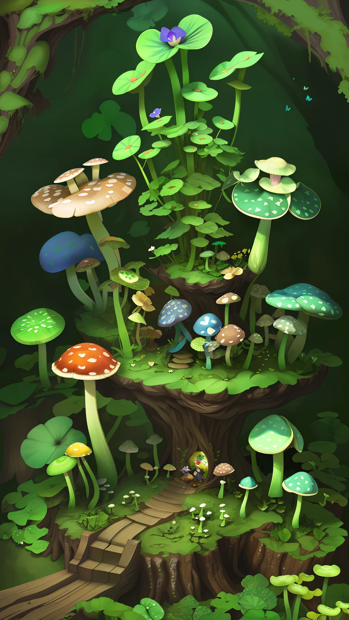 "Mushroom forest，butterflys，lotuses，four-leaf clover，morning glory，Cyber Mushroom Forest，Ultra-detailed digital fantasy art。Mushrooms are everywhere in the picture，The unique mushroom shape creates a magical casa scene。"