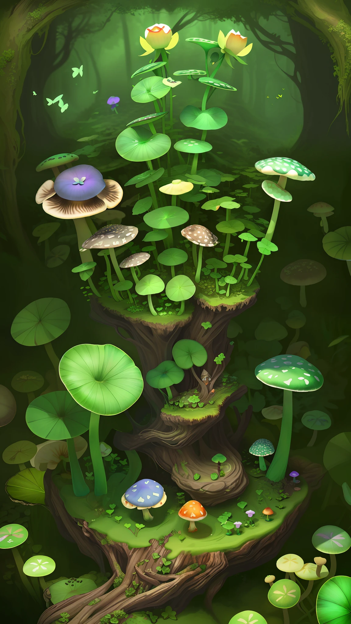 "Mushroom forest,butterflys,lotuses,four-leaf clover,morning glory,Cyber Mushroom Forest,Ultra-detailed digital fantasy art。Mushrooms are everywhere in the picture,The unique mushroom shape creates a magical casa scene。"