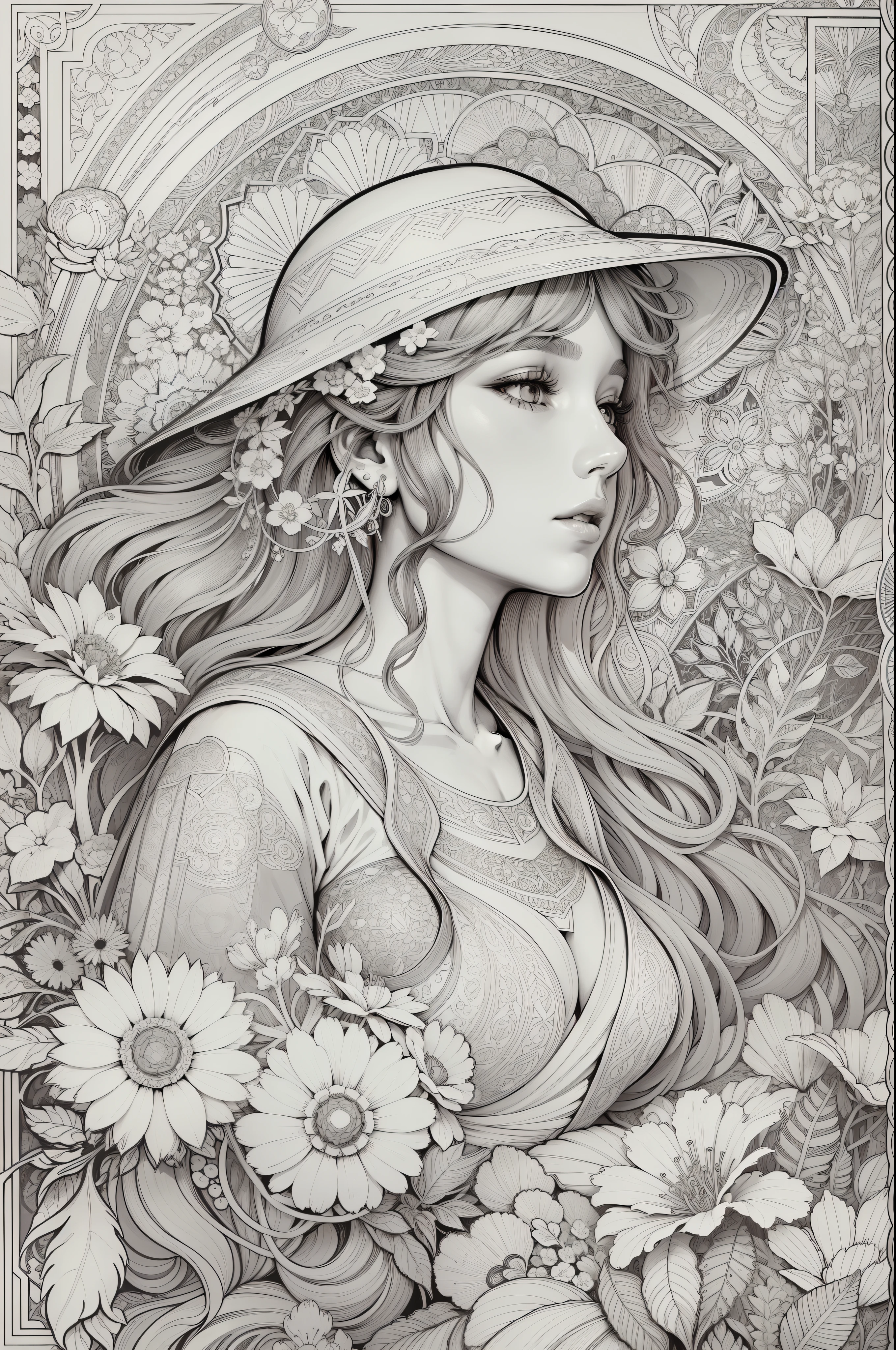 garden, art for coloring book page, full white background, only use outline, line art, coloring book, clean line art, mandala for coloring with nature ornaments, simple and clean line art, coloring book page, adorned in Art Nouveau style, with a stroke of Alfons Mucha's brush, perfect details, real.