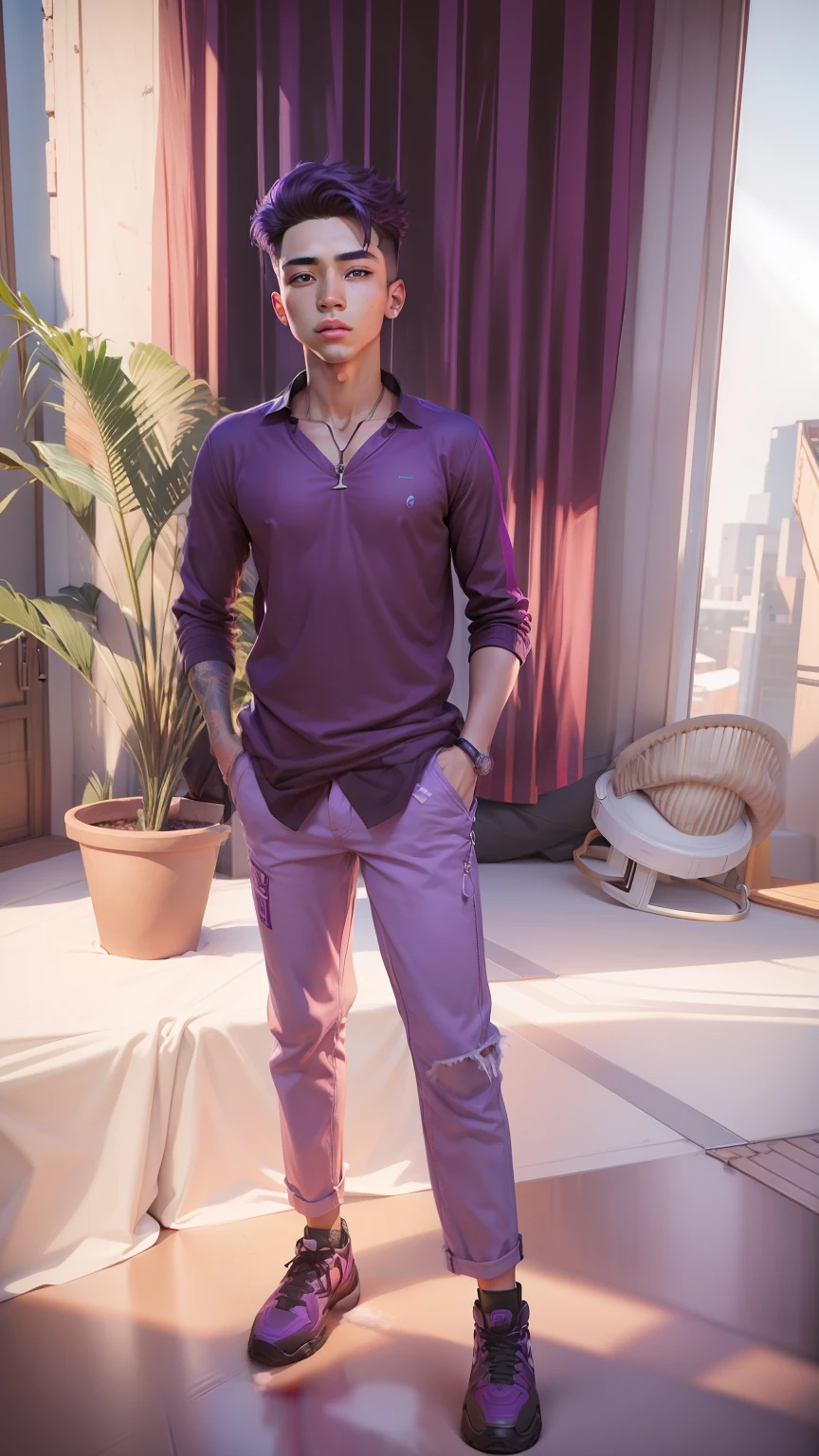 Tumblr male influencer, teen, Asian, Brazilian, lilac hair realistic face, 8k