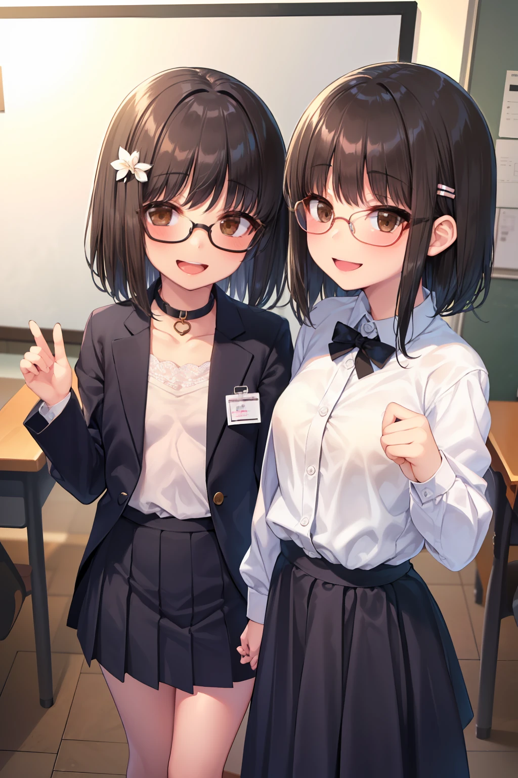 (girl with、Gamine、A dark-haired、short-hair、straight haired、hair adornments、Light brown eyes、A smile、wearing black glasses、small tits、cute  face)、​masterpiece、top-quality、‎Classroom、White lace shirt、blazers、ID card hanging from the neck