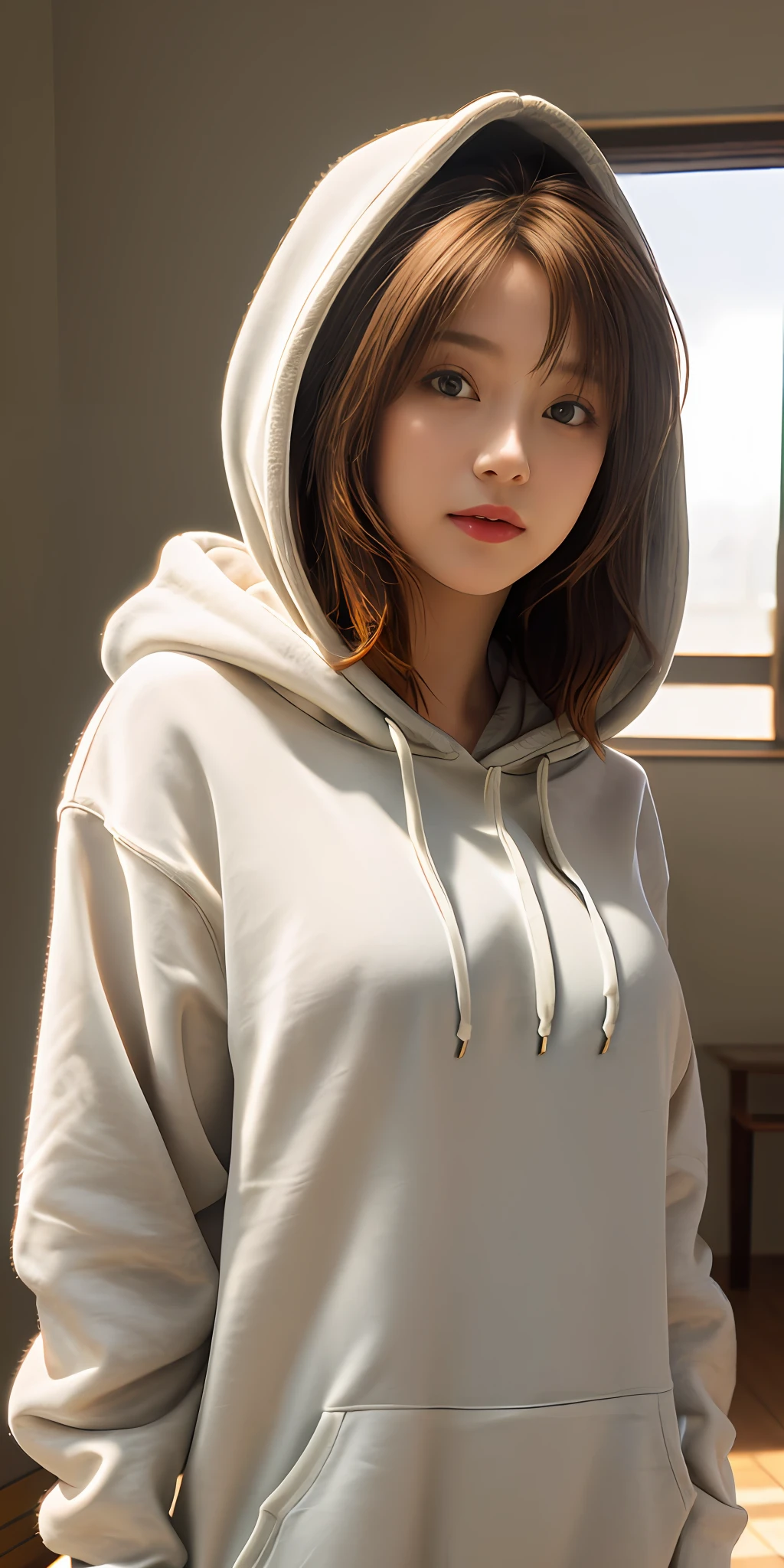 1girl, masterpiece, top quality, 8k hdr, RAW, looking at viewer, intricate details, sharp focus, natural lighting, realistic, professional, delicate, amazing, finely detailed, beautiful detailed, colourful, medium hair, brown hair, upper body, hoodie, medium breasts, full body