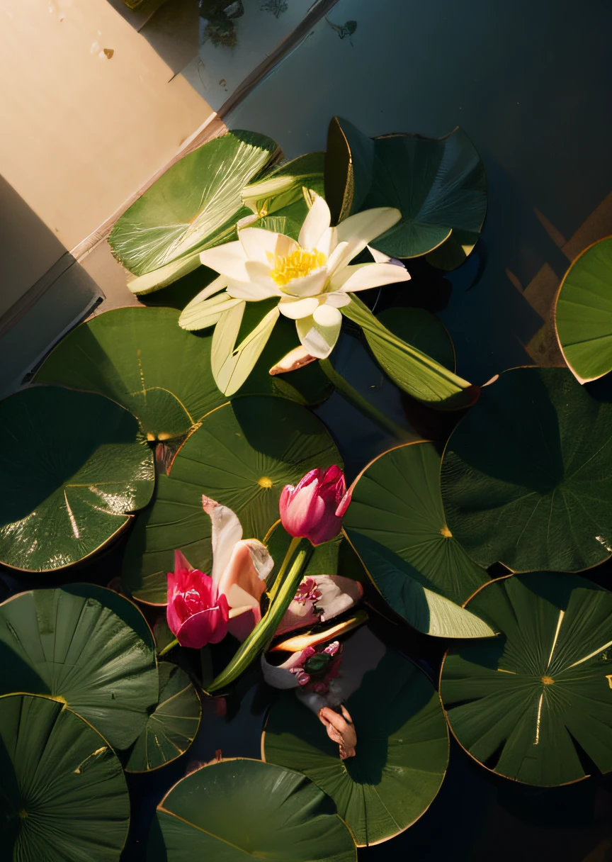 Look down from above，Beautiful lotus pond，of a real，Photorealsitic，Dim environment、Natural soft light、afofuturism、ultra-realistic realism