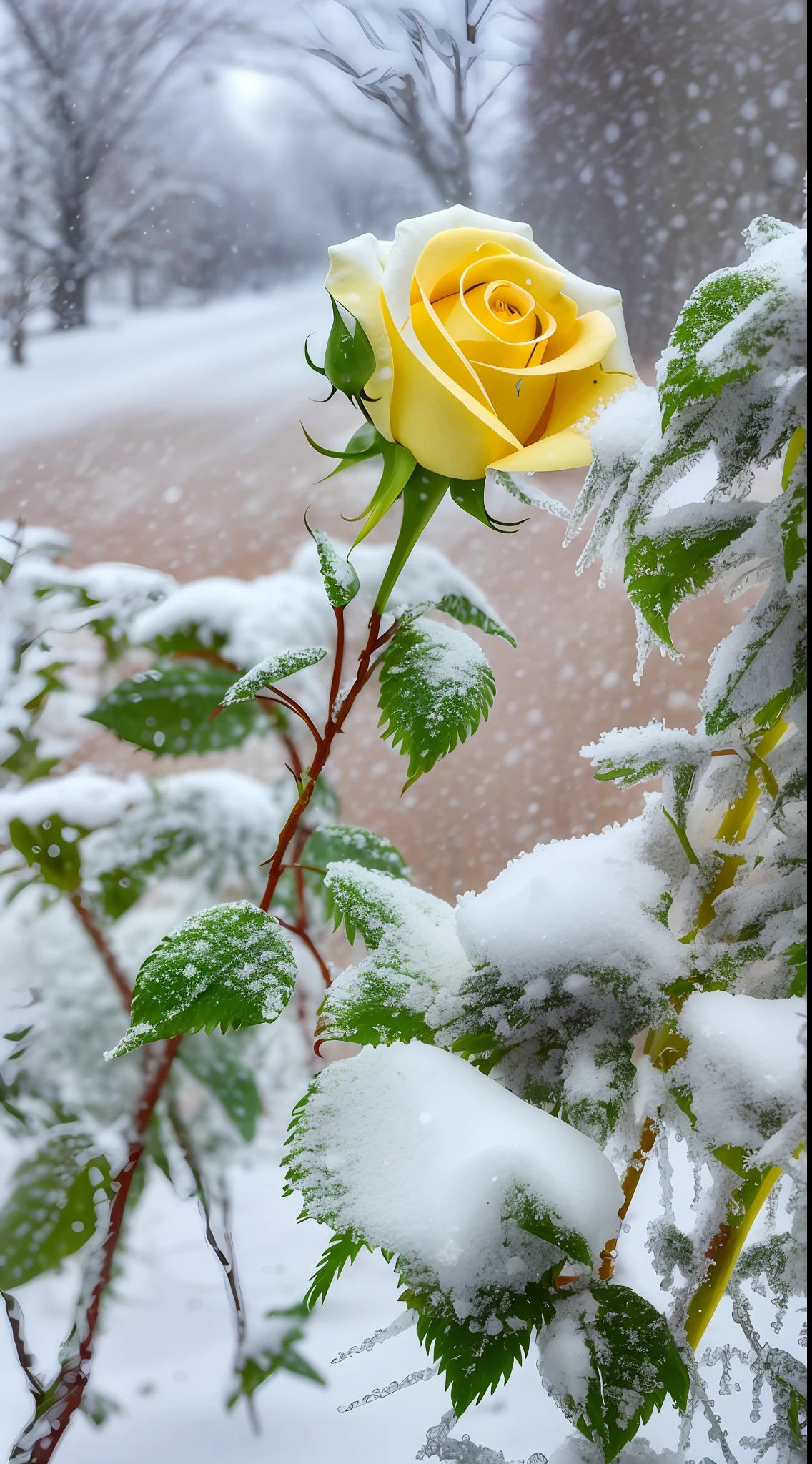 Yellow rose in the snow, Covered with snow, with frozen flowers around her, pale as the first snow of winter, Winter in the snow, Gentle snow, Still life with snow, Yellow rose, Cold but beautiful, Natural snowmelt in spring and winter, snow snow, during snowfall, Beautiful composition, in snow, In winter, cold snowy, In the snow