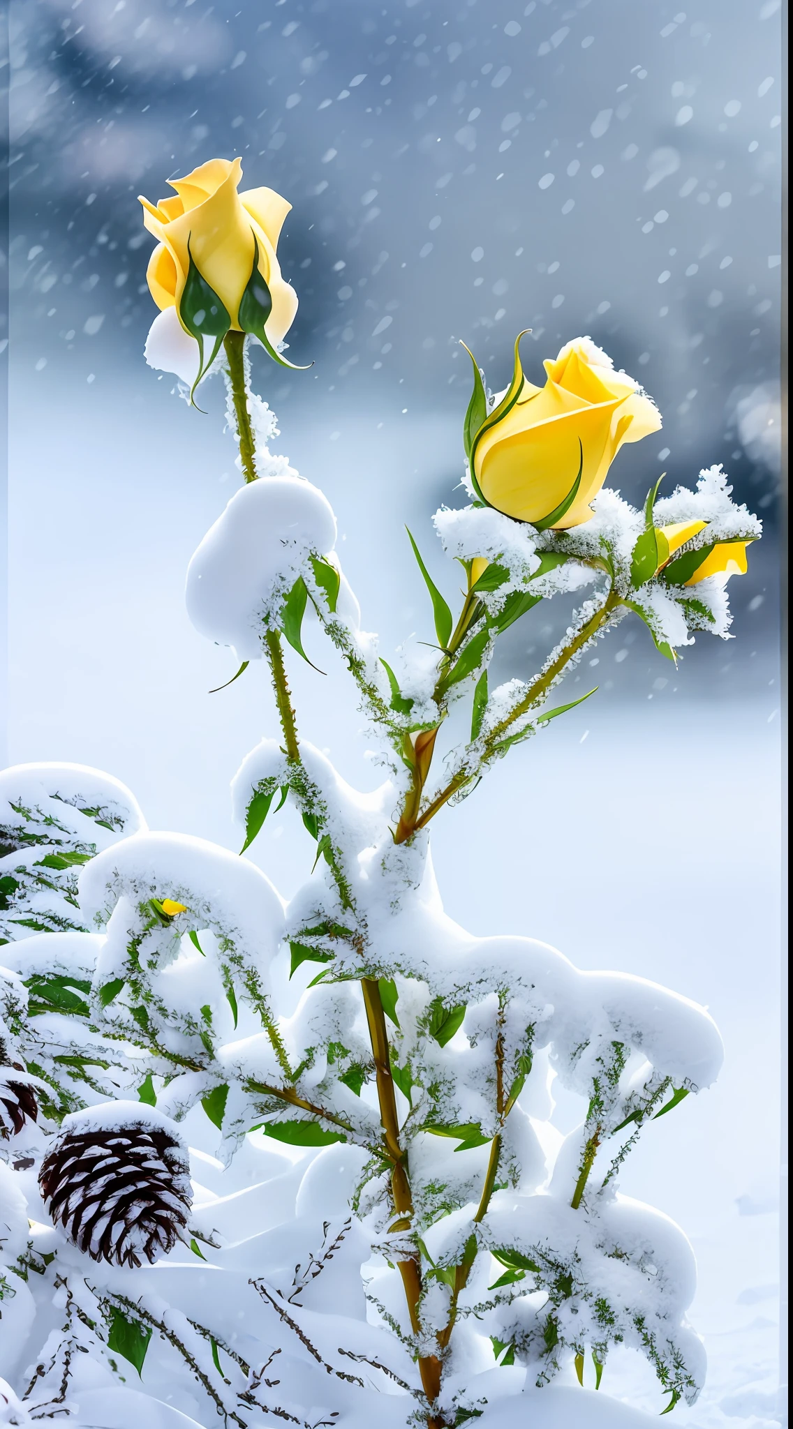 Yellow rose in the snow, Covered with snow, with frozen flowers around her, pale as the first snow of winter, Winter in the snow, Gentle snow, Still life with snow, Yellow rose, Cold but beautiful, Natural snowmelt in spring and winter, snow snow, during snowfall, Beautiful composition, in snow, In winter, cold snowy, In the snow