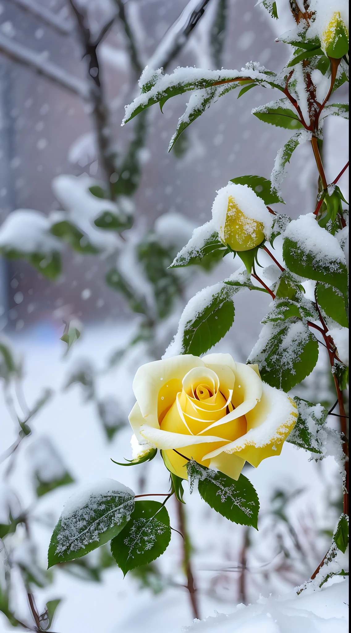 Yellow rose in the snow, Covered with snow, with frozen flowers around her, pale as the first snow of winter, Winter in the snow, Gentle snow, Still life with snow, Yellow rose, Cold but beautiful, Natural snowmelt in spring and winter, snow snow, during snowfall, Beautiful composition, in snow, In winter, cold snowy, In the snow