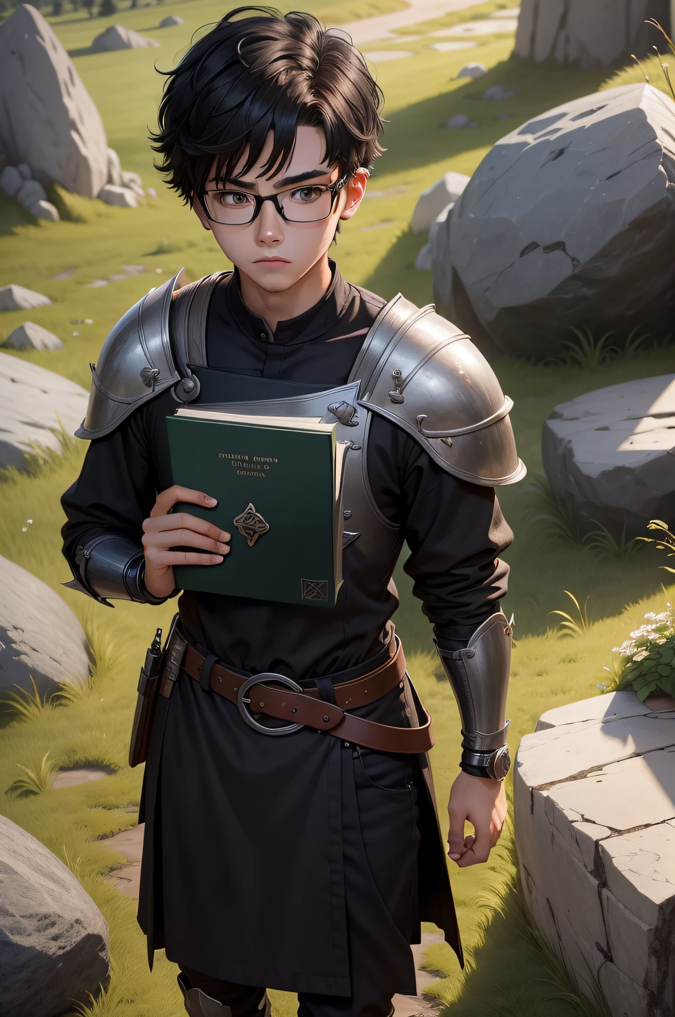 16 years old boy, black-frame glasses, with short black hair, Introverted shyness, Book in hand, Apprentice Knight,Rock elemental magic, grassland background, The animations are rich in detail, High-quality 8K work.