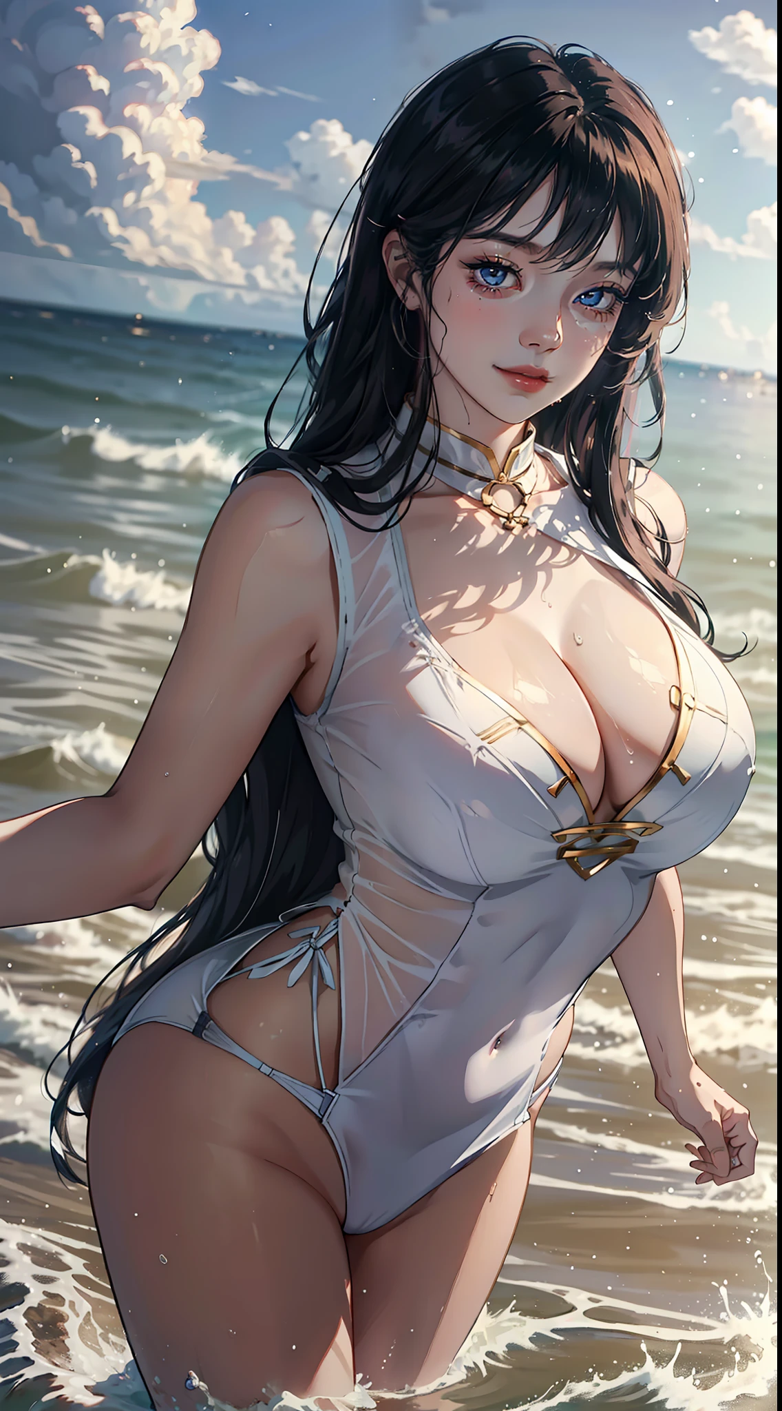 1female,35yo,Huge breasts, 独奏, ,Wearing a white sailor's uniform, Pornographic exposure,the ocean, She has long flowing black hair, Bare genitalia,Sateen,Bigchest, From the front side, Wet straight hair, Sweating profusely,mostly cloudy sky,(tmasterpiece),(Very detailed CG unity 8K wallpaper),best qualtiy,cinmatic lighting,detailed back ground,beatiful detailed eyes,Bright pupils,(Very fine and beautiful),(Beautiful and detailed eye description),ultra - detailed,facing at camera,A high resolution,ultra - detailed),Very long hair,standing on your feet,Emotive expressions,Smile,Chest sagging,nakeness, Expose the genitals,revealing breasts,Camel toes,with no underpants,extremely large bosom,Extremely colorful,Most detailed,fully body photo,The face is well lit