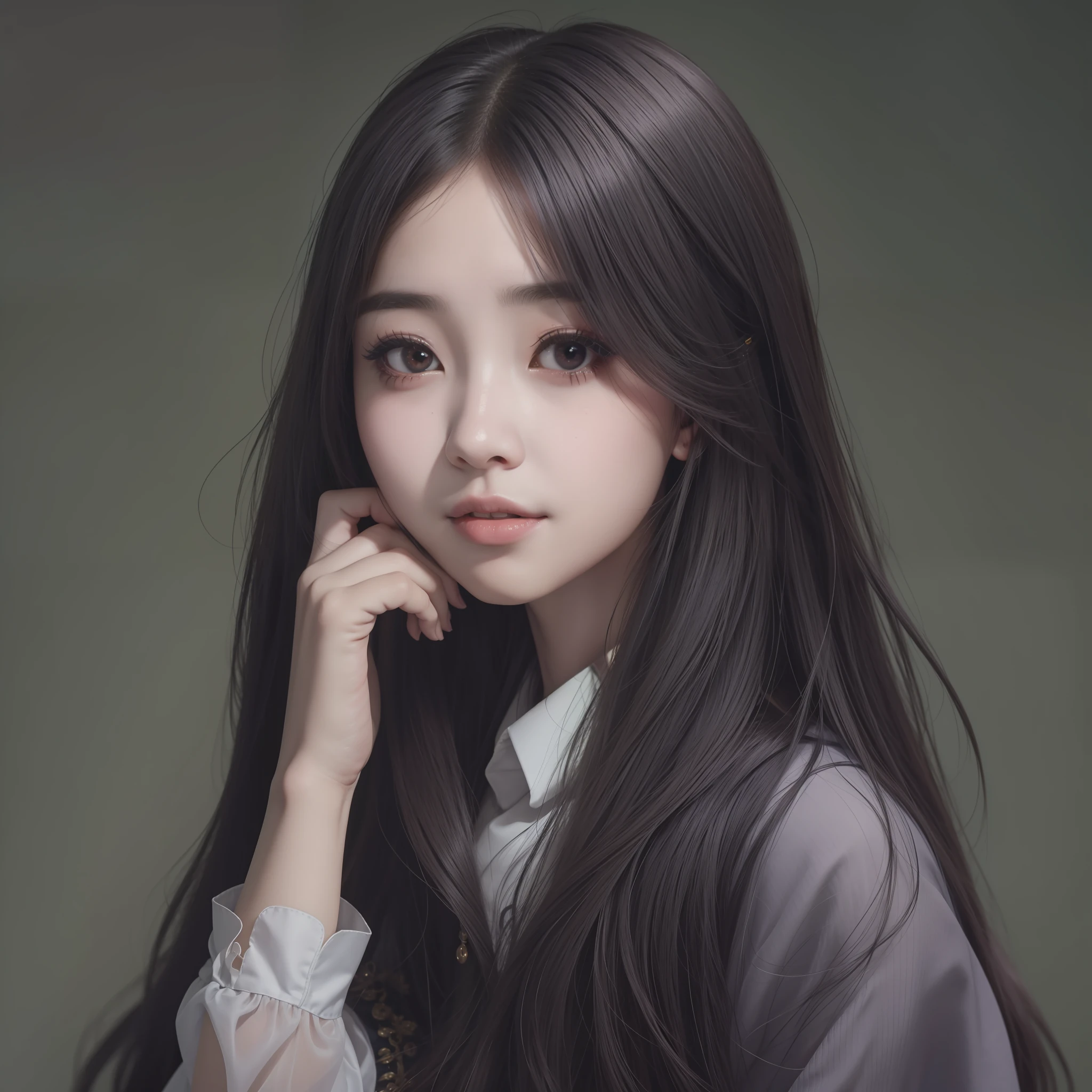 uma linda garota coreana, estudante de direito, cabelo liso preto e grande ((dahyun)), detalhes intrincados, 8k, rosto detalhado