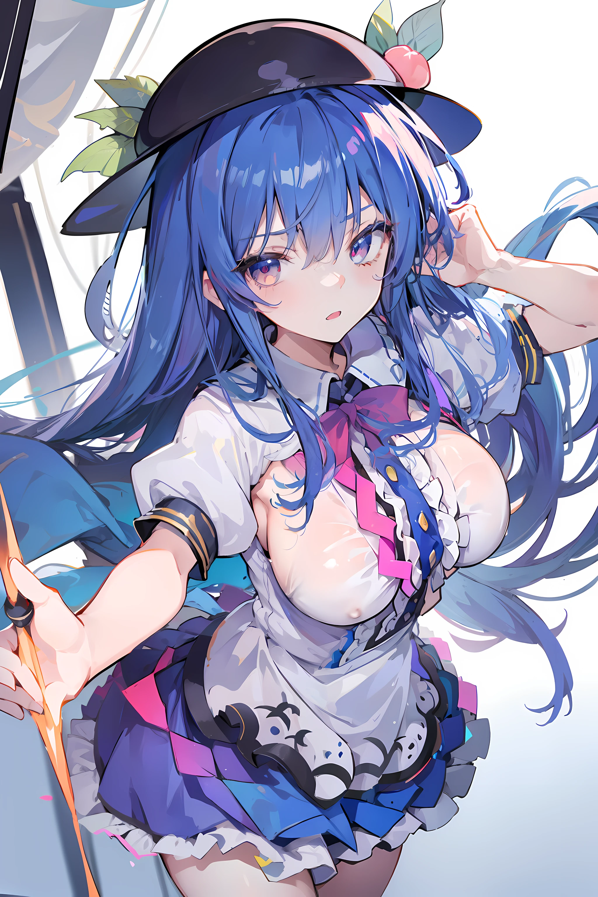 (masterpiece),best quality, expressive eyes, perfect face, 1girl,
big breast, H-cup, good breast, hands on waist,beautiful, gorgeous,anime,girl,lora,hinanawi tenshi, blue hair, blue haired,tent boobs, tent chest, tent breast, floating clothes,1girl, grabbing own boobs, grabbing own chest,breast grab