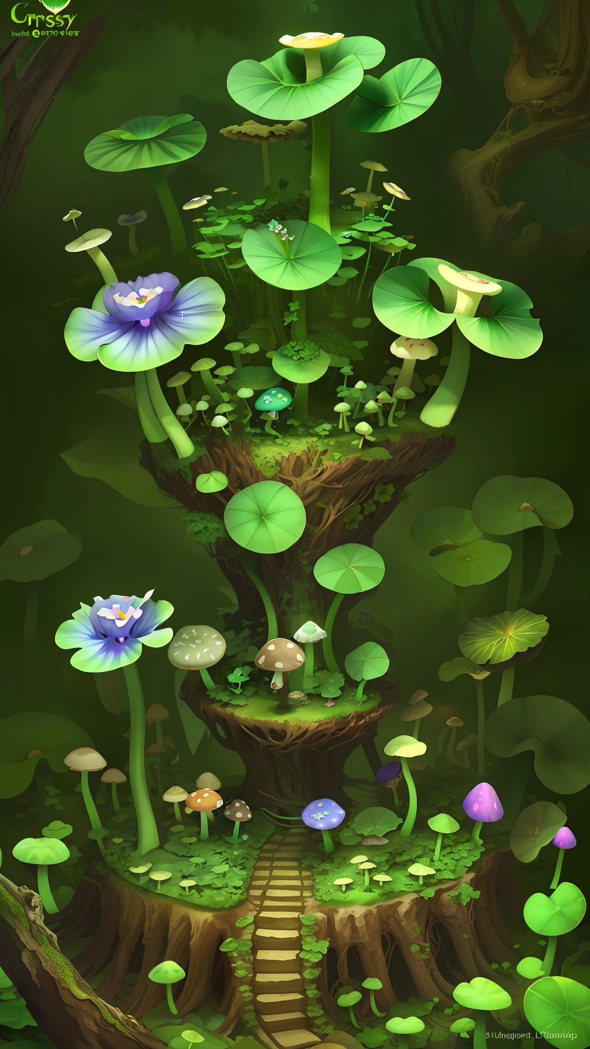 "Mushroom forest,morning glory,butterflys,lotuses,four-leaf clover,morning glory,Cyber Mushroom Forest,Ultra-detailed digital fantasy art。Mushrooms are everywhere in the picture,The unique mushroom shape creates a magical casa scene。"