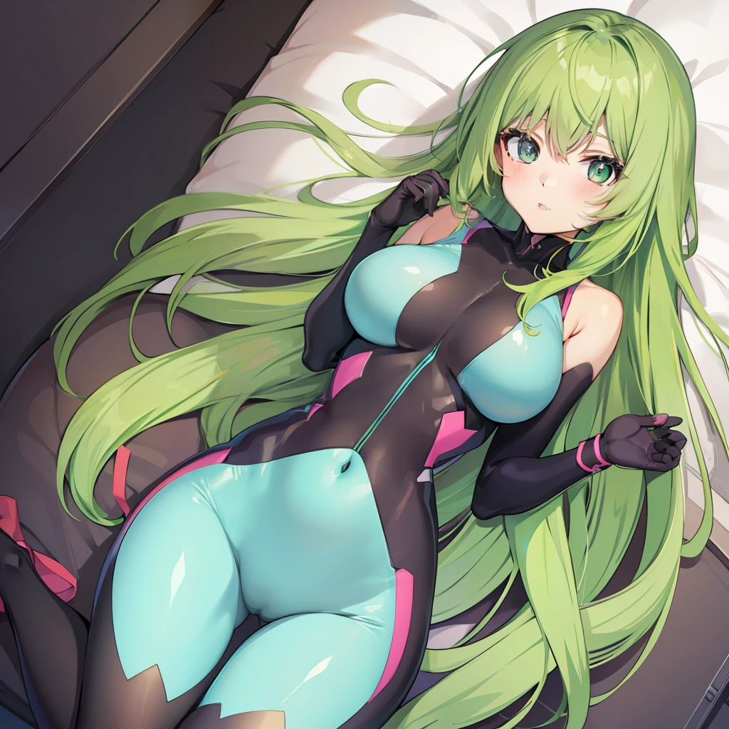 Anime girl, green hair, body suit, sexy