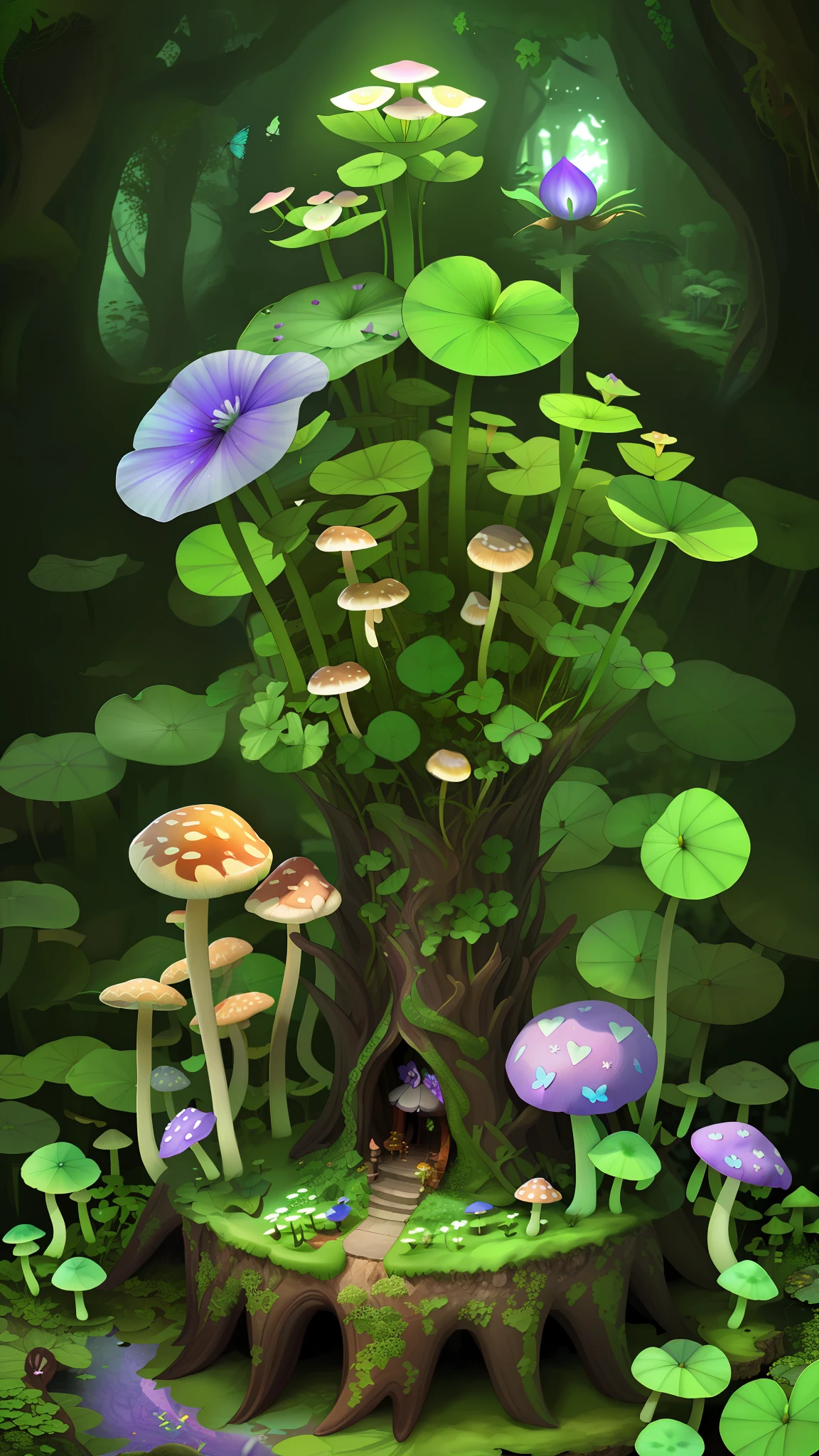 "Mushroom forest，morning glory，butterflys，lotuses，four-leaf clover，morning glory，Cyber Mushroom Forest，Ultra-detailed digital fantasy art。Mushrooms are everywhere in the picture，The unique mushroom shape creates a magical casa scene。"