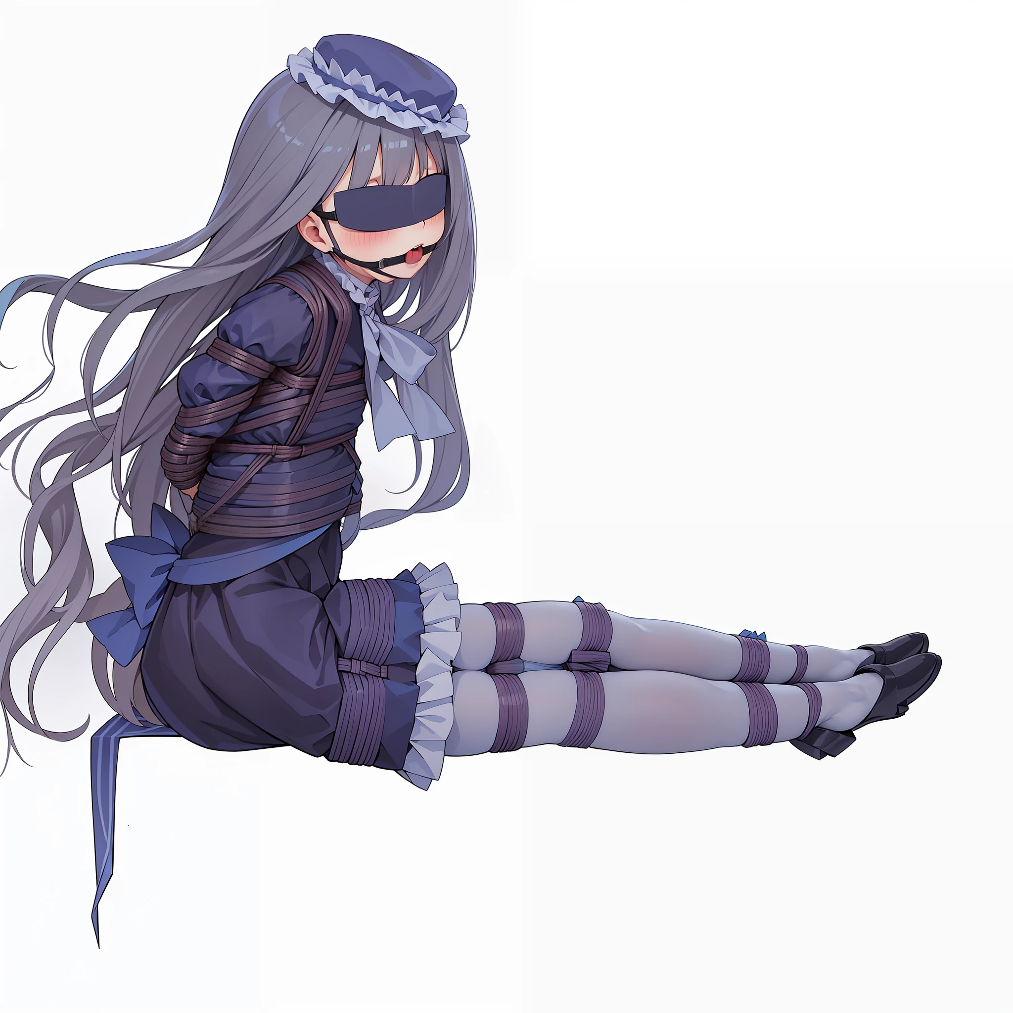 Masterpiece, Best quality, Girl,(((ojousama))), ((Blush)),Hat,Black hair, Blue eyes,Blue dress,((shoes)),((ta_Fashion)),((White pantyhose)),((Arms_Behind_back)),((Legs together)), (((Bondage))), (((shibari))),(((gag))),