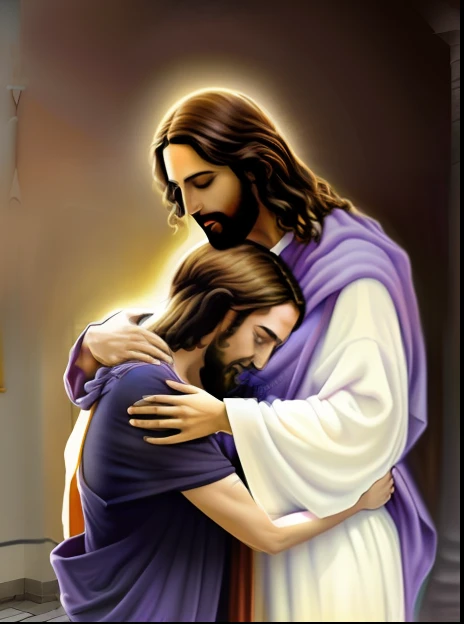 A painting of Jesus embracing a man in a purple robe, jesus hugging a woman, ! holding in his hand !, beautiful depiction, beautiful image ever created, ele tem um tesouro com ele, he is greeting you warmly, quadro emocional, Jesus Cristo, O Senhor e Salvador, Directed by: Willy Bo Richardson, tranquilizador, obra-prima muito bonita, Jesus