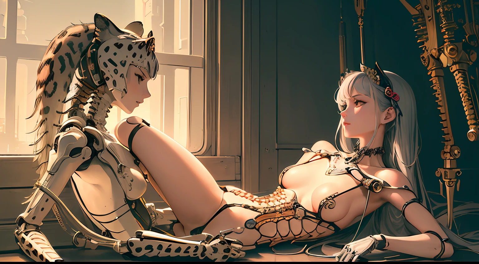 (((Masterpiece))), (((Best quality))), ((Ultra-detailed)), (CG illustration), ((An extremely delicate and beautiful)),(From the side Side),Cinematic light, ((1 mechanical girl and a leopard with only bones,They fought in the desert。full bodyesbian,(Machine-made joints:1.2),((Mechanical limb)),(The mechanical spine is attached to the back),((The mechanical cervical vertebrae are attached to the neck)),(sitted),(Character focus),sci-fy,Extremely fine,a color,Thinnest