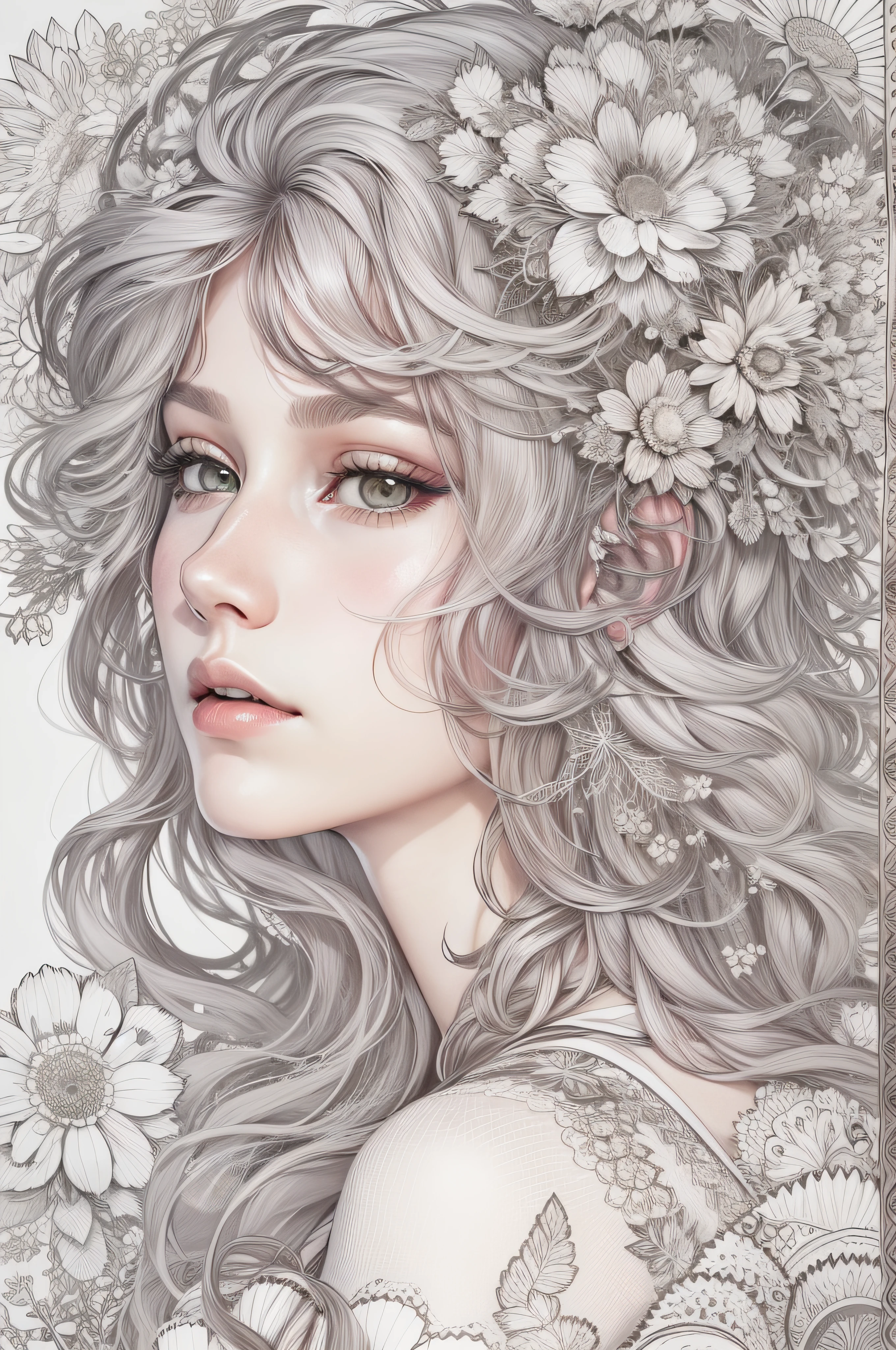 garden, art for coloring book page, full white background, only use outline, line art, coloring book, clean line art, mandala for coloring with nature ornaments, simple and clean line art, coloring book page, adorned in Art Nouveau style, with a stroke of Alfons Mucha's brush, perfect details, real, white hair, unfilled hair, contour only hair.