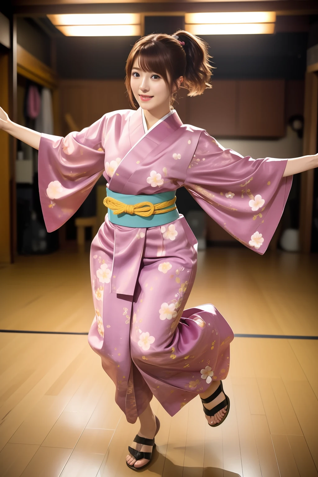 (Realistic,Photorealistic,Best Quality,ultra-detailliert,hight resolution,8K Portrait,Professional Lighting,cinematic shadow,) Japan Idol Girl,
((Intense Japan dance indoors,))   Japan dance with a beating scenery, Jump and spin with open arms,Portraits,Ultra Sharp Focus,High contrast, Kimono,Brown eyes,Center Image,(26 year old woman,)Brown hair.Short ponytail,Sakuratan,Cherry Blossom Hair Ornament,Full body shot.,portrait of a full body、