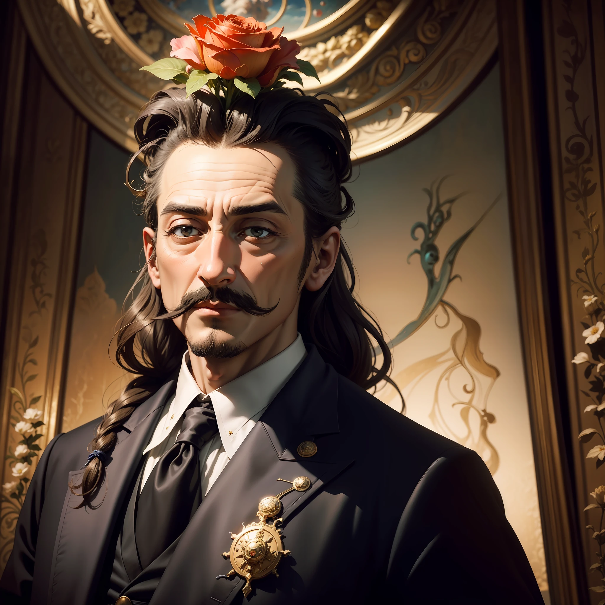 original, masterpiece, best quality, official art, painting, Salvador Dali as king,with flowers in he's mustachs, cinematic lighting,