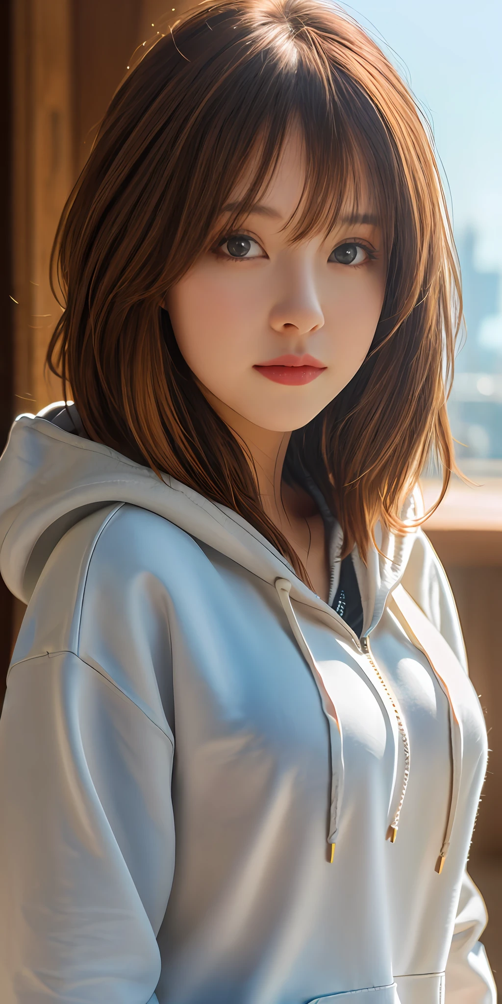 1girl, masterpiece, top quality, 8k hdr, RAW, looking at viewer, intricate details, sharp focus, natural lighting, realistic, professional, delicate, amazing, finely detailed, beautiful detailed, colourful, medium hair, brown hair, upper body, hoodie, medium breasts, full body
