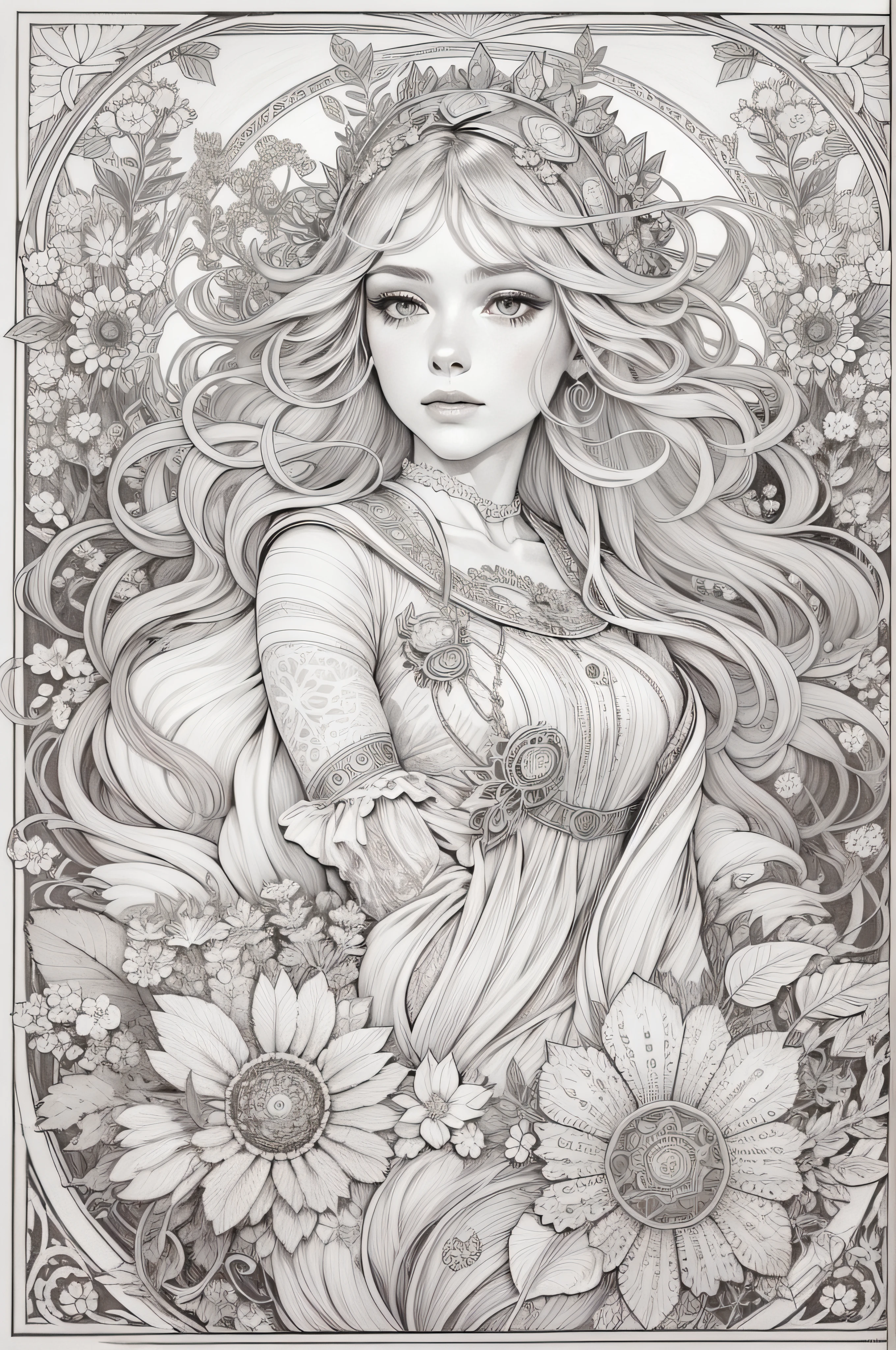 garden, art for coloring book page, full white background, only use outline, line art, coloring book, clean line art, mandala for coloring with nature ornaments, simple and clean line art, coloring book page, adorned in Art Nouveau style, with a stroke of Alfons Mucha's brush, perfect details, real, white hair, unfilled hair, contour only hair.