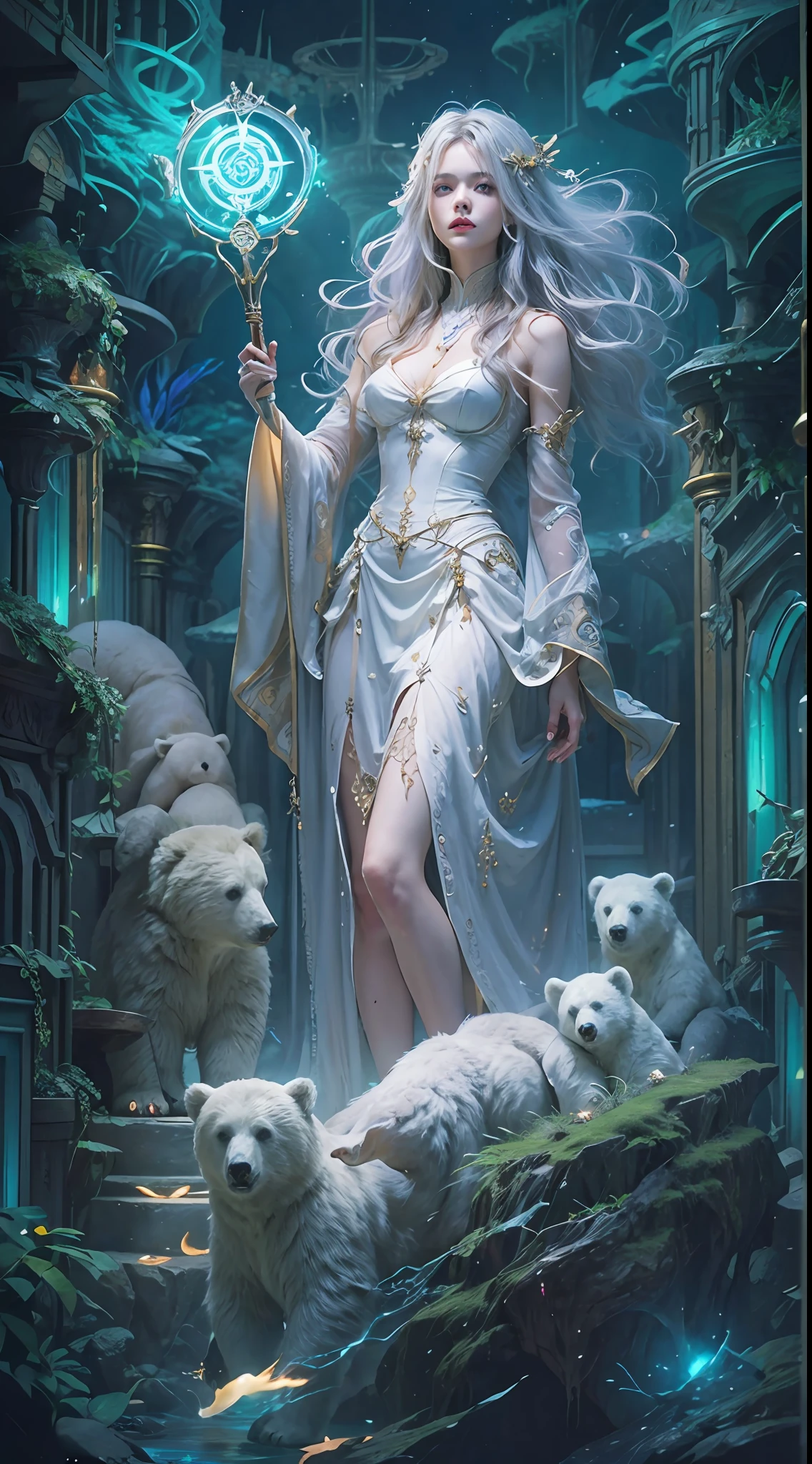 A crystal castle sealed in a magic book,Blood,Night, Dark, (fantasy),unlimited,Deep blue sky,The abyss of knowledge,cowl,((masutepiece)), (((Best quality))),((Beautiful fine eyes)),(eyeslashes)、(((Beautiful girl riding a huge white bear)))、(1 rapariga)、The perfect human structure、Blowing in the wind、long whitr hair、abyss eyes、glowy skin、oiled、small tits、Wizard robes、Tattered fabric、Realistic coat、Think、Super delicate CG Unity 32k wallpaper、tmasterpiece, ((ultra - detailed)), ((illustratio)),Extremely colorful,the wallpaper,energy,Unknown terror,mind bending,Around the magic,Magical environment,wands,Boken,Flight page,Know it all,Predicting the future、Learn about the past、Infinite wisdom、Blue Flame、Warlock、Magic Circles、pentacle、Spells、mantra、Singing magic