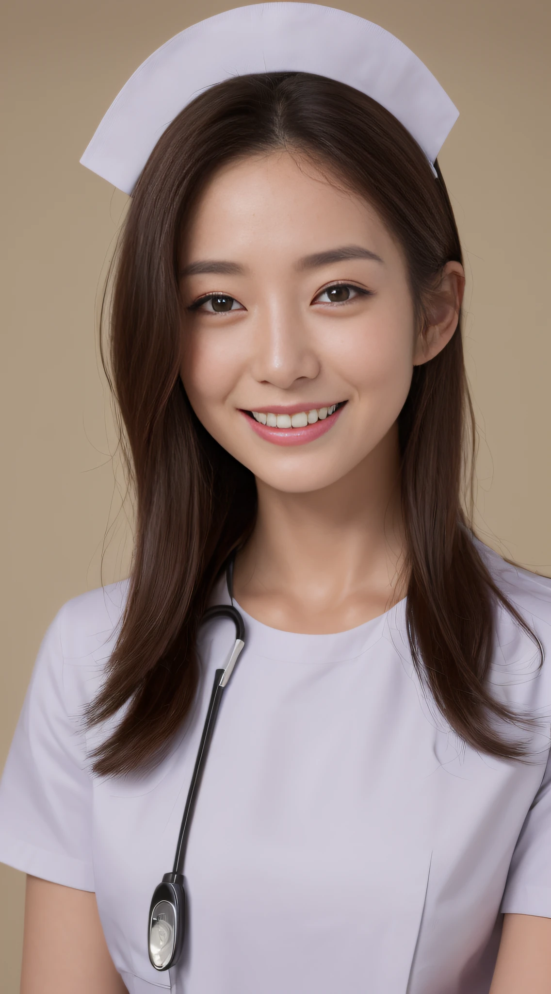 ((top-quality、8K、​masterpiece:1.3))、sharp:1.2、Perfect Body Beauty:1.4、Slim abs:1.2、Big、Beautiful face、A smile、((Nurse:1.3))、(hospital room background:1.2)、Straight hair、Highly detailed facial and skin texture、A detailed eye、Aspect of looking at the camera、