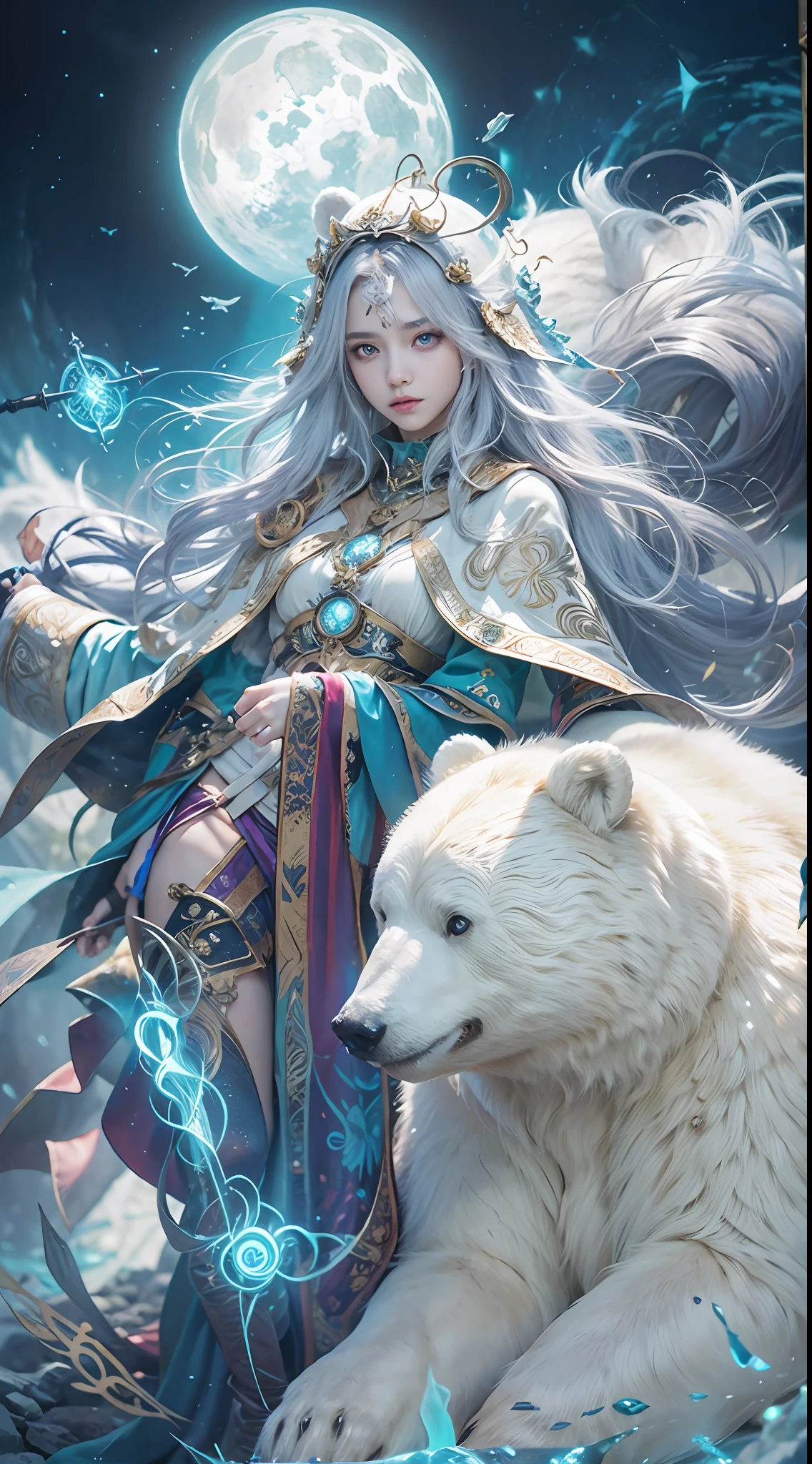 A crystal castle sealed in a magic book,Blood,Night, Dark, (fantasy),unlimited,Deep blue sky,The abyss of knowledge,cowl,((masutepiece)), (((Best quality))),((Beautiful fine eyes)),(eyeslashes)、(((Beautiful girl riding a huge white bear)))、(1 rapariga)、The perfect human structure、Blowing in the wind、long whitr hair、abyss eyes、glowy skin、oiled、small tits、Wizard robes、Tattered fabric、Realistic coat、Think、Super delicate CG Unity 32k wallpaper、tmasterpiece, ((ultra - detailed)), ((illustratio)),Extremely colorful,the wallpaper,energy,Unknown terror,mind bending,Around the magic,Magical environment,wands,Boken,Flight page,Know it all,Predicting the future、Learn about the past、Infinite wisdom、Blue Flame、Warlock、Magic Circles、pentacle、Spells、mantra、Singing magic