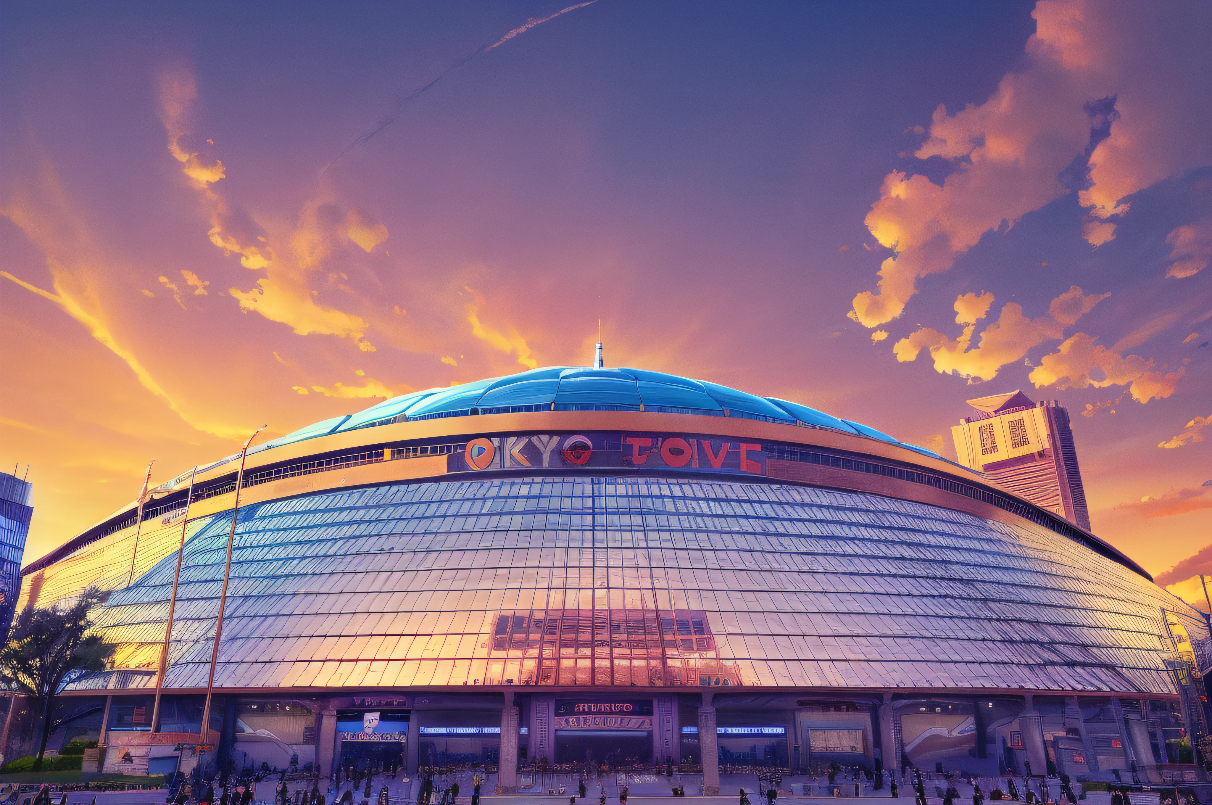 Alafed view of large building with clock tower in the background, Skydome, Cool Skydome, the photo shows a large, Futuristic sports arena, toyko, shot on a 9.8mm wide angle lens, dome, Art Deco stadium, Baseball Stadium, tokyo prefecture, Stadium, wide angle photograph, who was born in tokyo in 1964