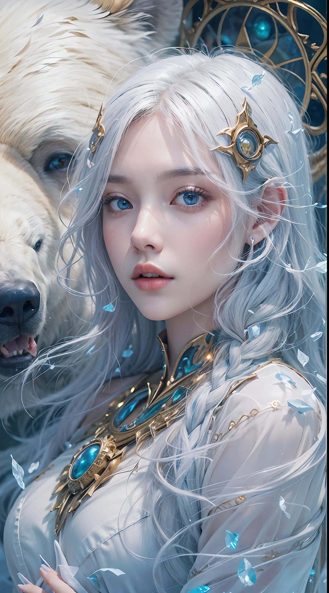 A crystal castle sealed in a magic book,Blood,Night, Dark, (fantasy),unlimited,Deep blue sky,The abyss of knowledge,cowl,((masutepiece)), (((Best quality))),((Beautiful fine eyes)),(eyeslashes)、(((Beautiful girl riding a huge white bear)))、(1 rapariga)、The perfect human structure、Blowing in the wind、long whitr hair、abyss eyes、glowy skin、oiled、small tits、Wizard robes、Tattered fabric、Realistic coat、Think、Super delicate CG Unity 32k wallpaper、tmasterpiece, ((ultra - detailed)), ((illustratio)),Extremely colorful,the wallpaper,energy,Unknown terror,mind bending,Around the magic,Magical environment,wands,Boken,Flight page,Know it all,Predicting the future、Learn about the past、Infinite wisdom、Blue Flame、Warlock、Magic Circles、pentacle、Spells、mantra、Singing magic