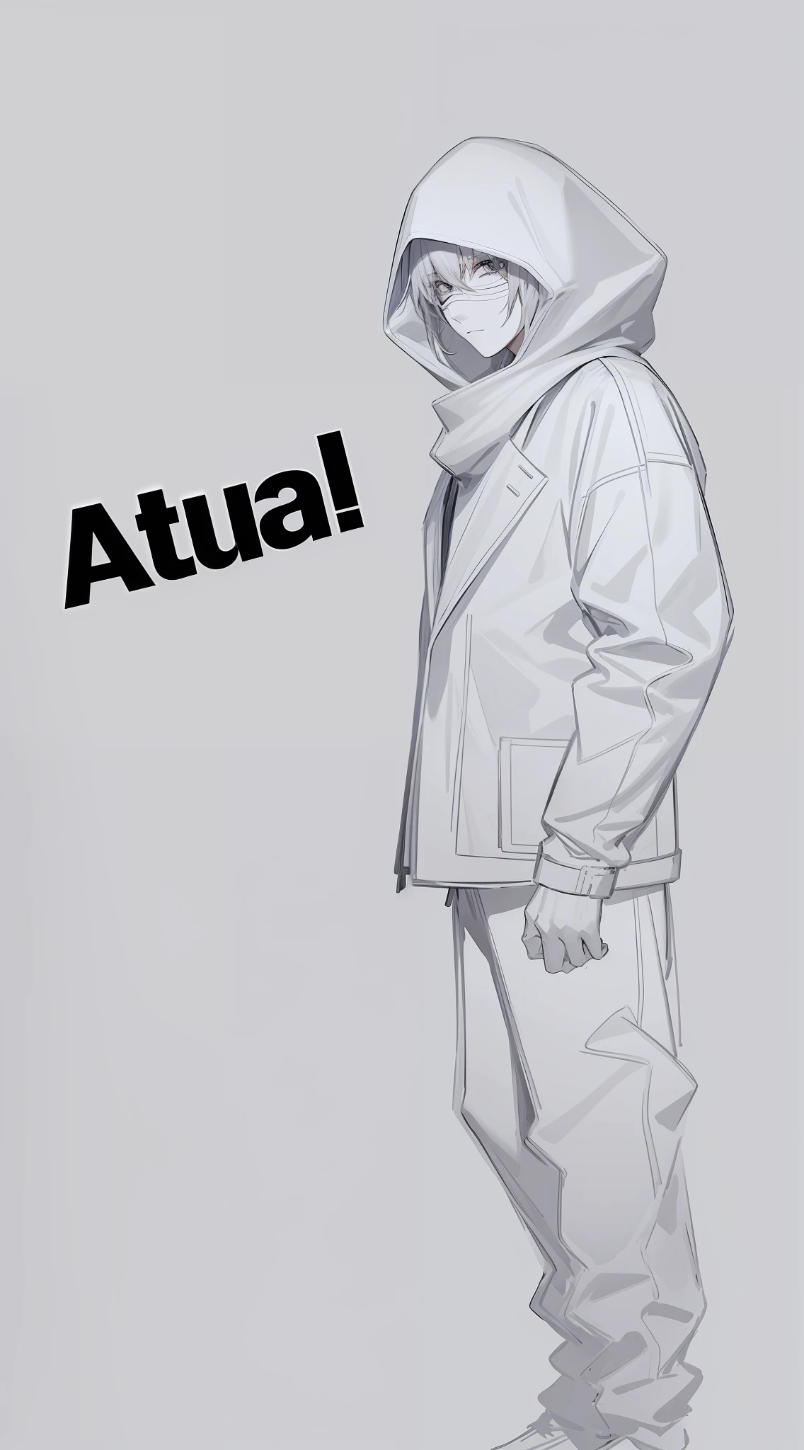 There is a drawing of a man with katanas and a hood, Pose casual, Pose neutra, desenho de caracteres de corpo inteiro, conceito de personagem irrealista, retrato de corpo inteiro de um curto!, single character full body, Desenho de corpo inteiro, anime full body illustration, Personagem de corpo inteiro, conceito de personagem realista, full body character concept, design de roupa clara, !!retrato de corpo inteiro!! Man with gas mask