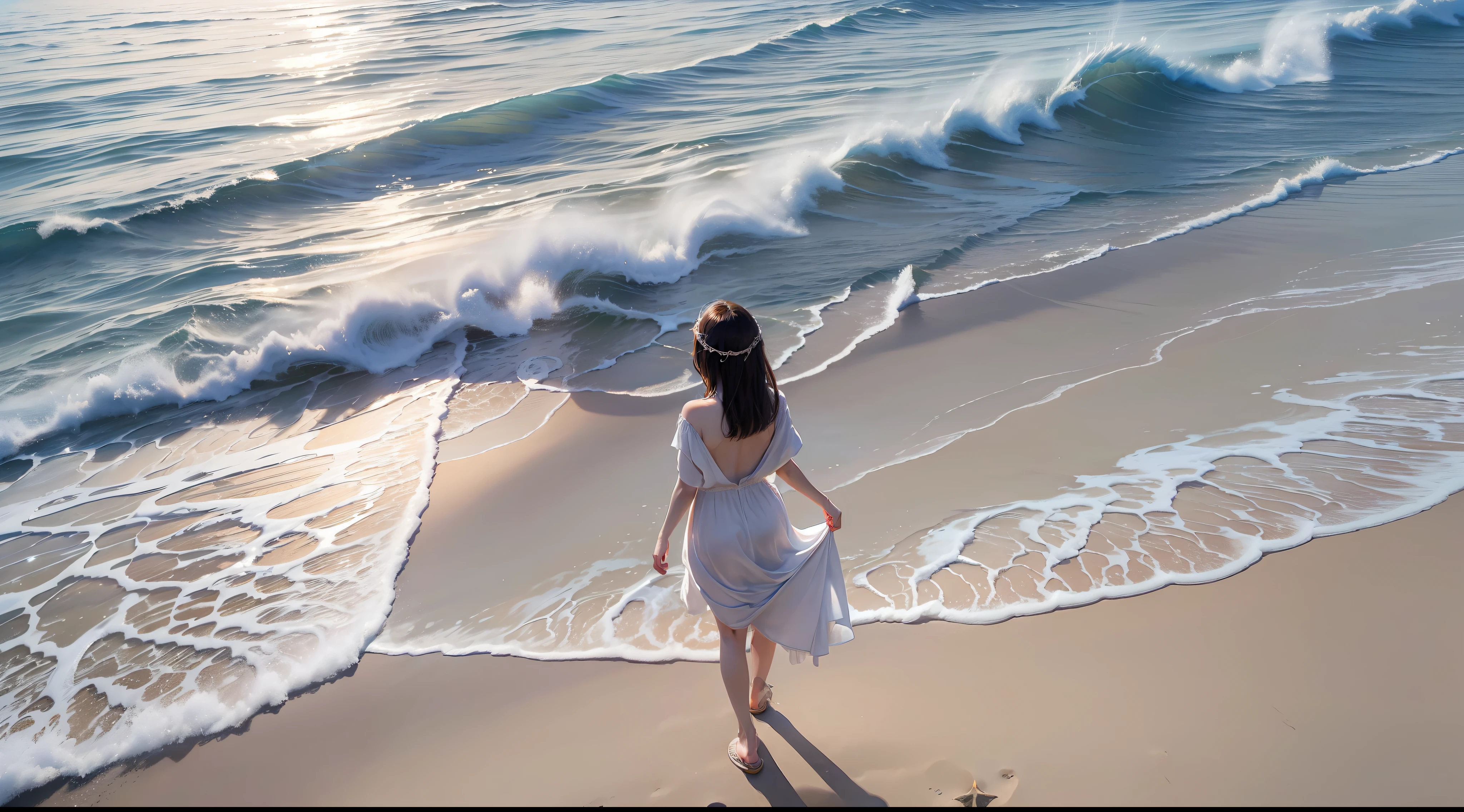 (Surreal)、(hight resolution)、(8K)、 (ighly detailed)、(top-quality、masterpiece:1.3)、(sharpnes)、shores、White sandy beach、Girl Walking On The Beach、Into the cloud、Bright sun、The sun rises high、Mid summer、By Shinkai Makoto